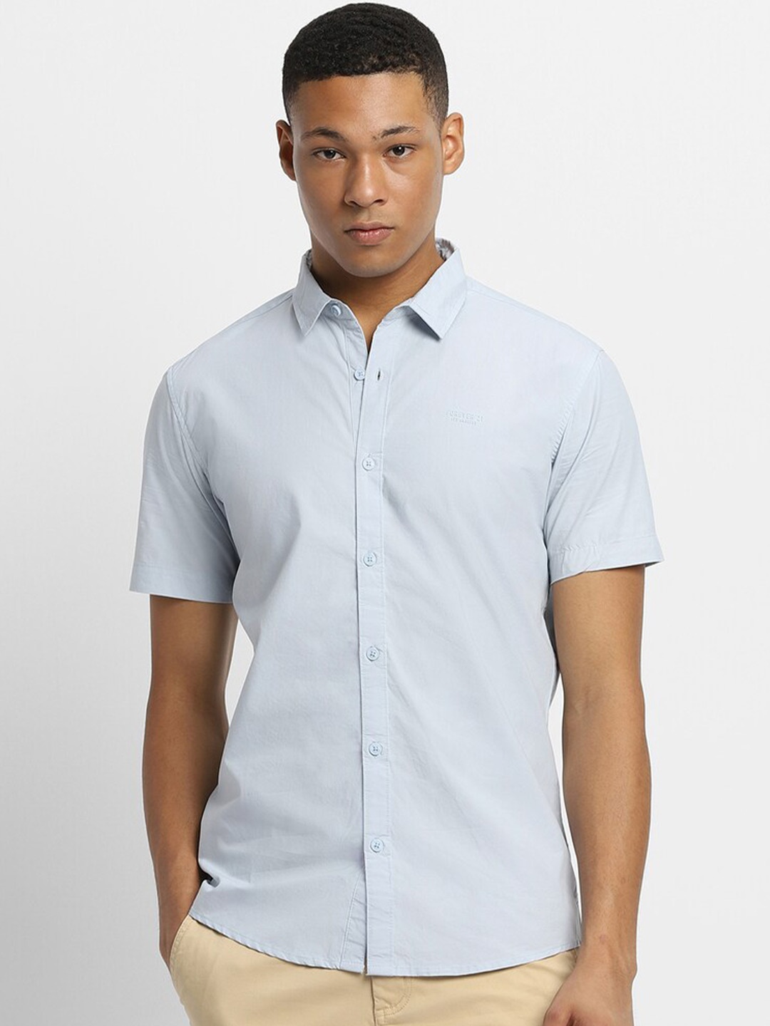 

FOREVER 21 Spread Collar Cotton Casual Shirt, Blue