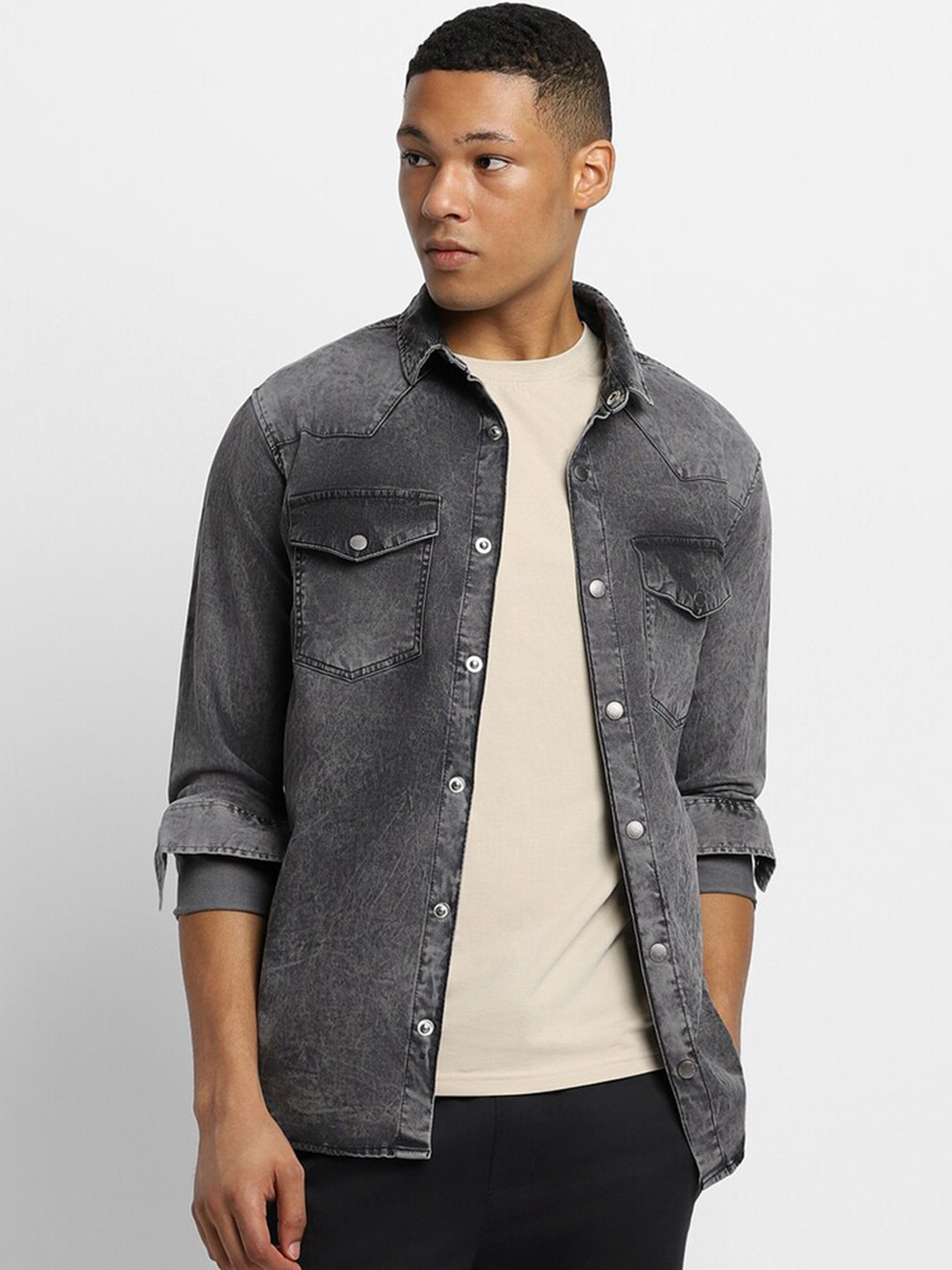 

FOREVER 21 Spread Collar Faded Shirt, Grey