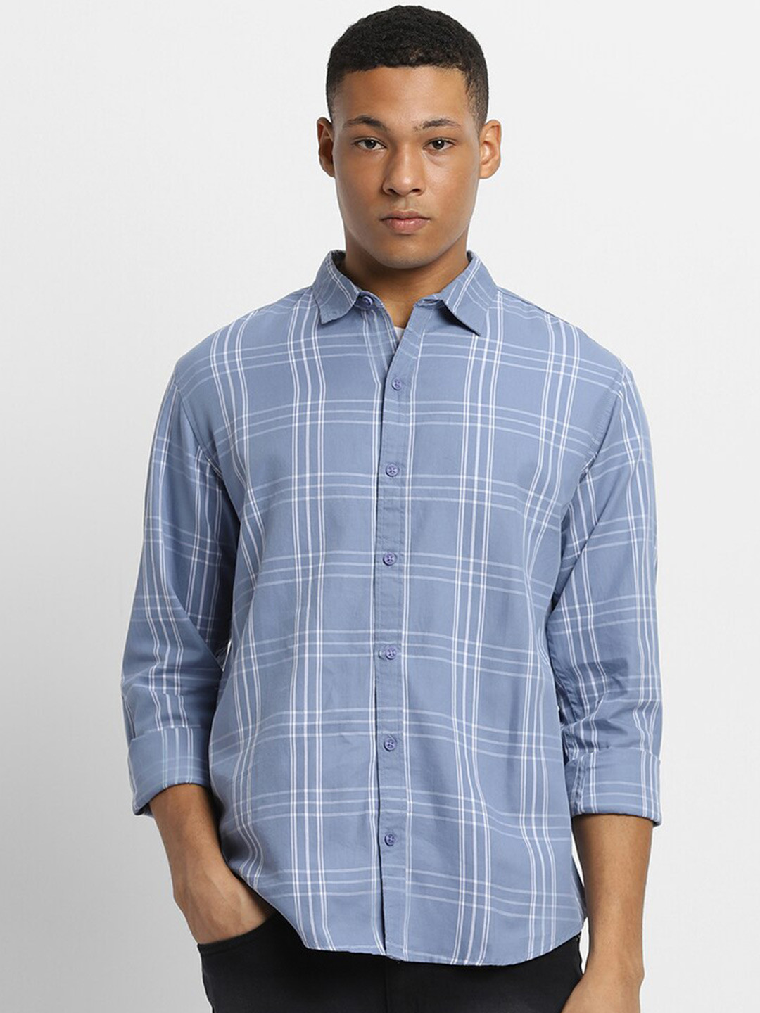 

FOREVER 21 Tartan Checks Checked Cotton Casual Shirt, Blue
