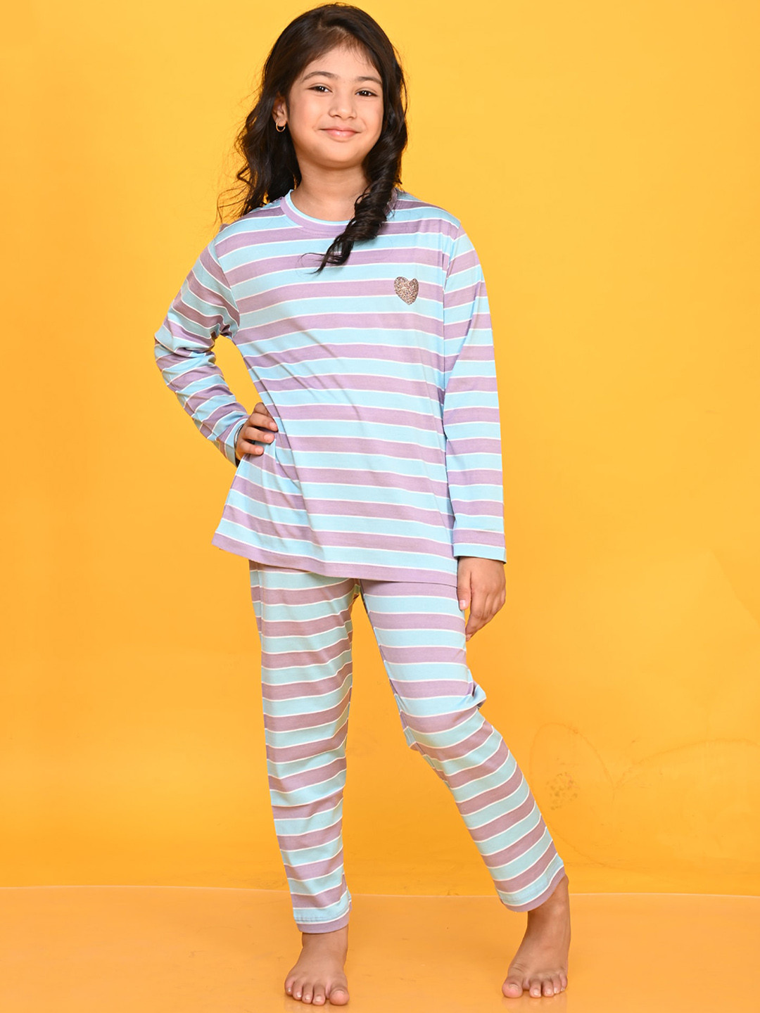 

Anthrilo Girls Striped Night Suit, Purple