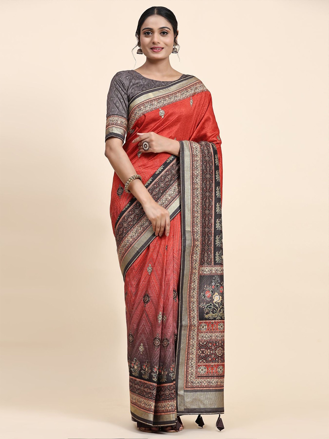 

Phenav Ethnic Motifs Printed Patola Saree, Rust