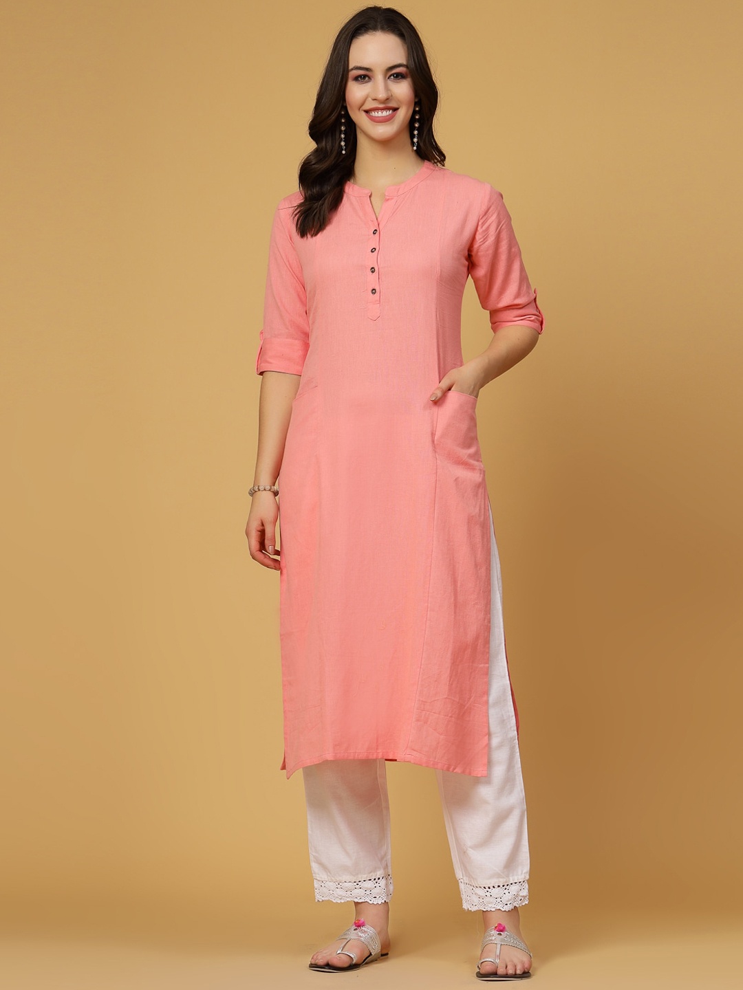 

Pistaa Band Collar Roll-Up Sleeves Pure Cotton Kurta, Pink