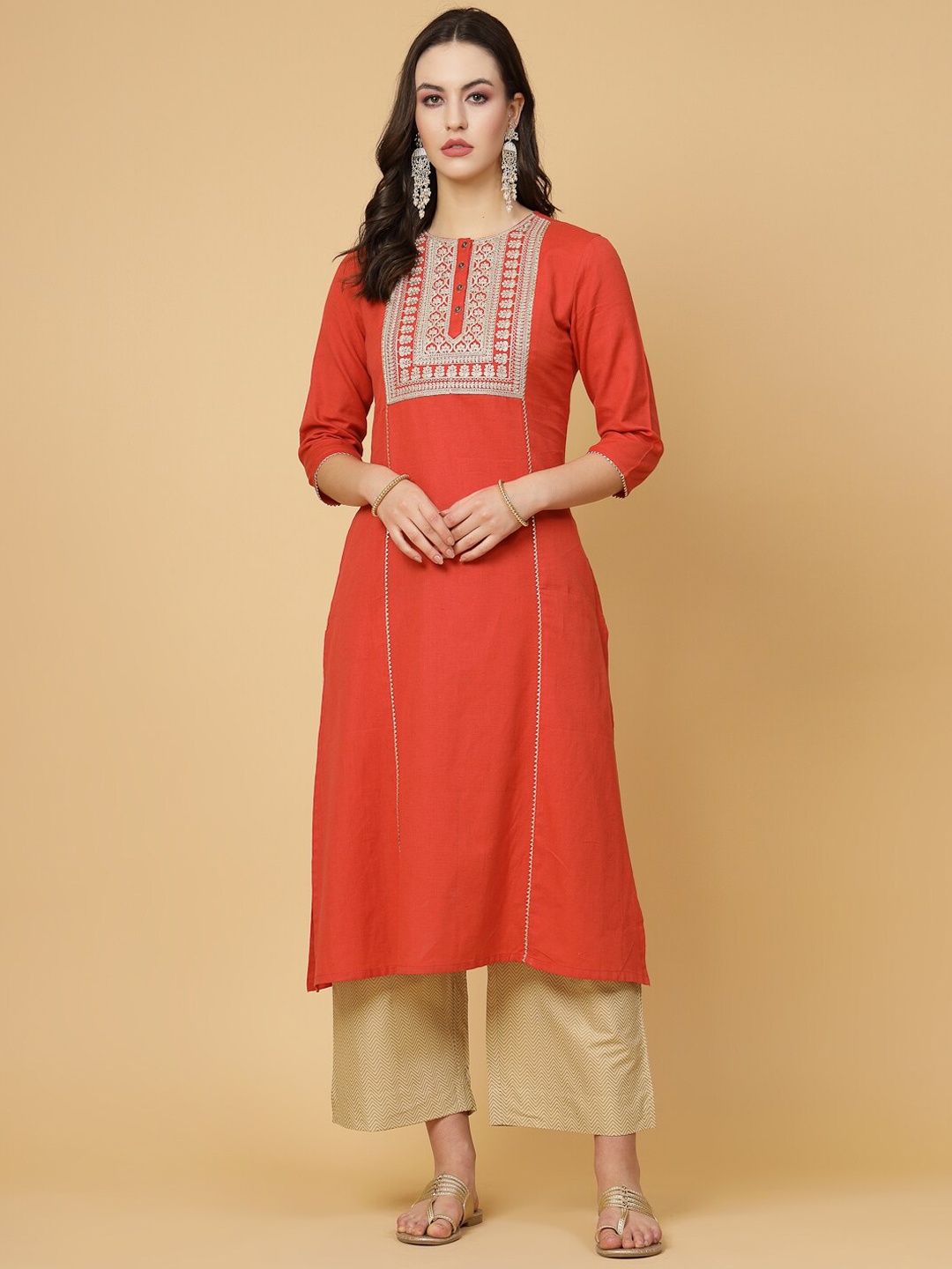 

Pistaa Embroidred Thread Work Pure Cotton Kurta, Coral