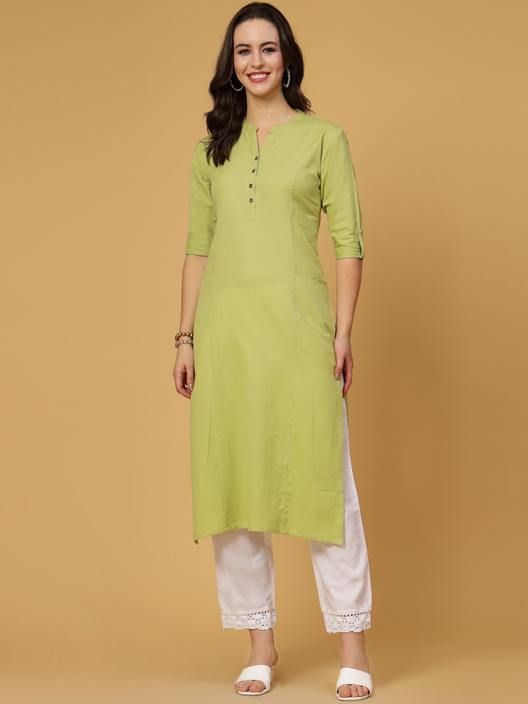 

Pistaa Band Collar Roll-Up Sleeves Pure Cotton Kurta, Green