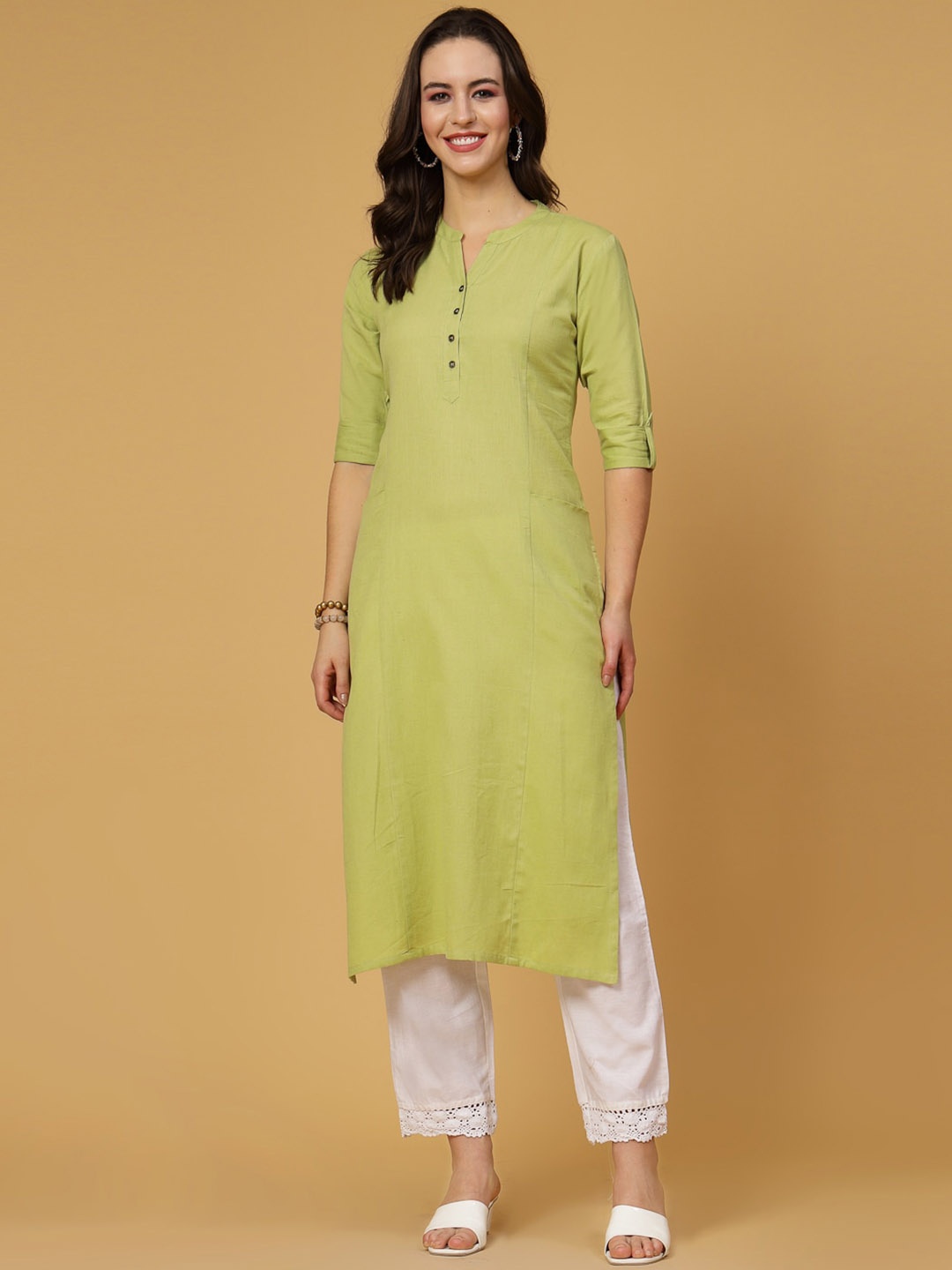 

Pistaa Band Collar Cotton Kurta, Green