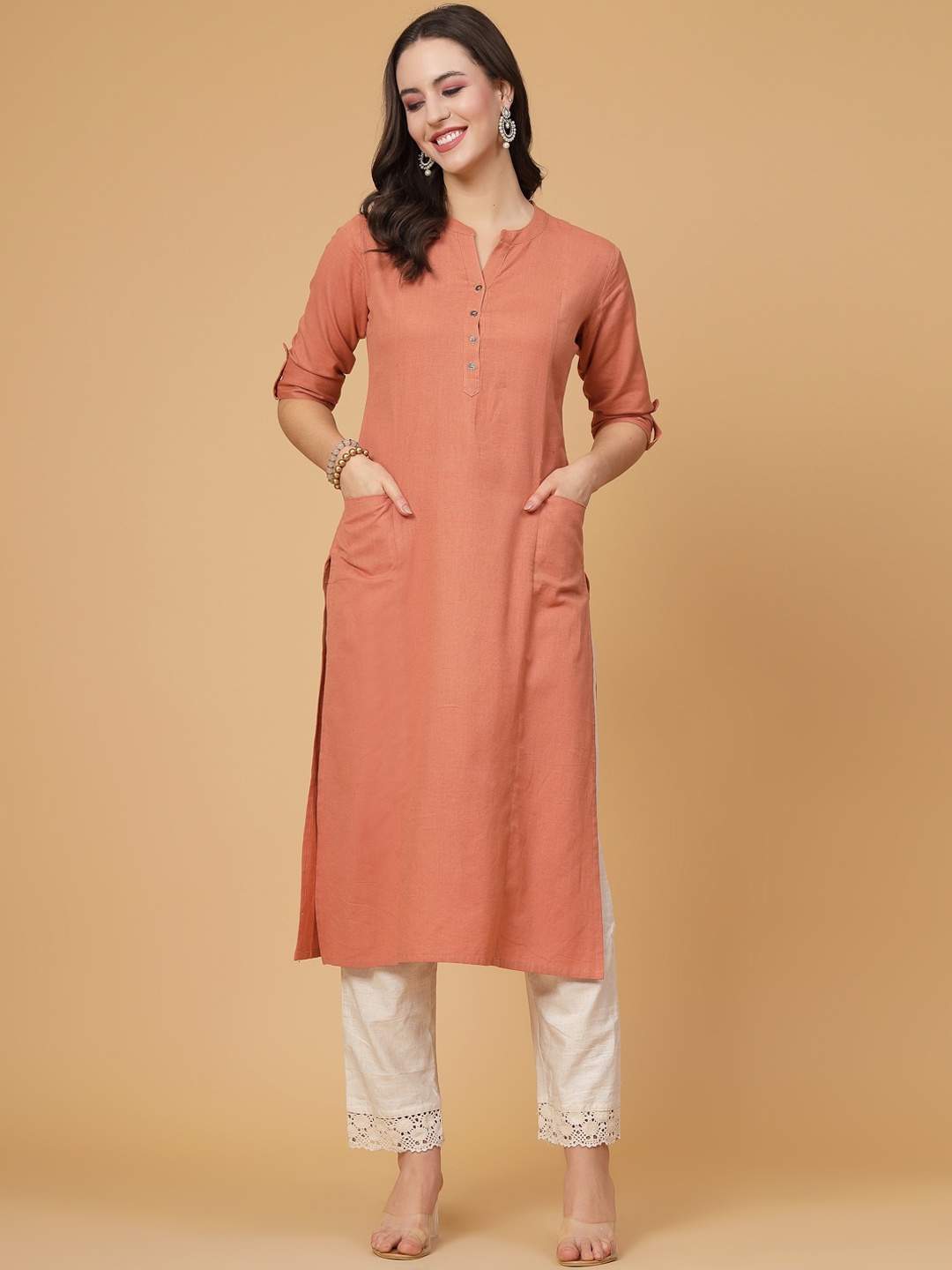 

Pistaa Band Collar Roll-Up Sleeves Pure Cotton Kurta, Rust