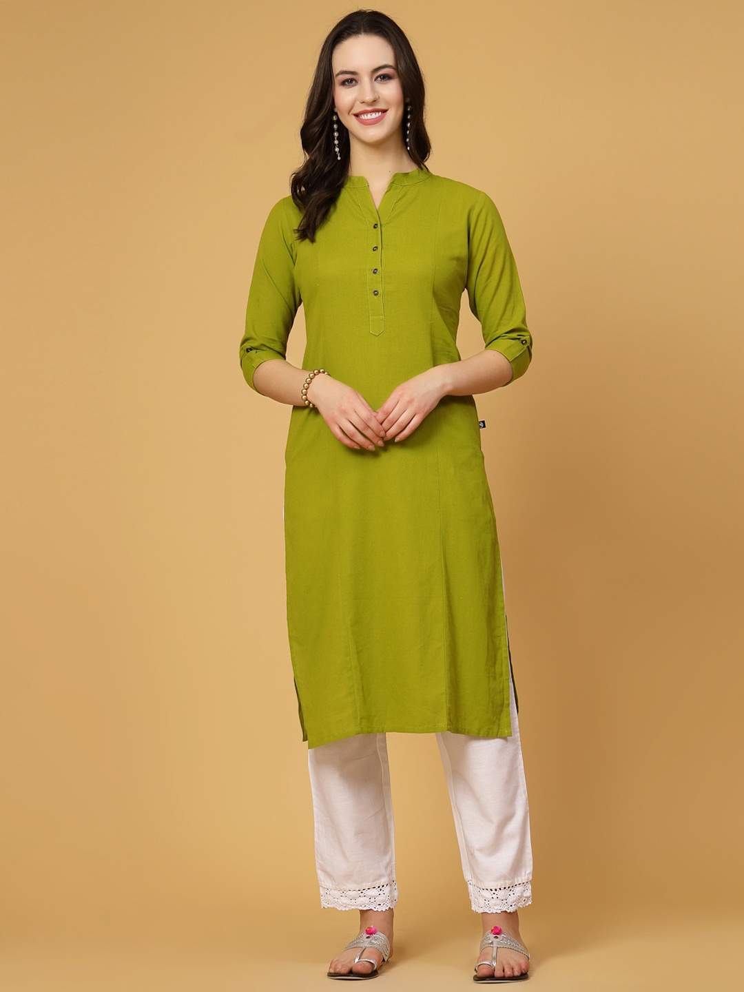 

Pistaa Mandarin Collar Pure Cotton Kurta, Green