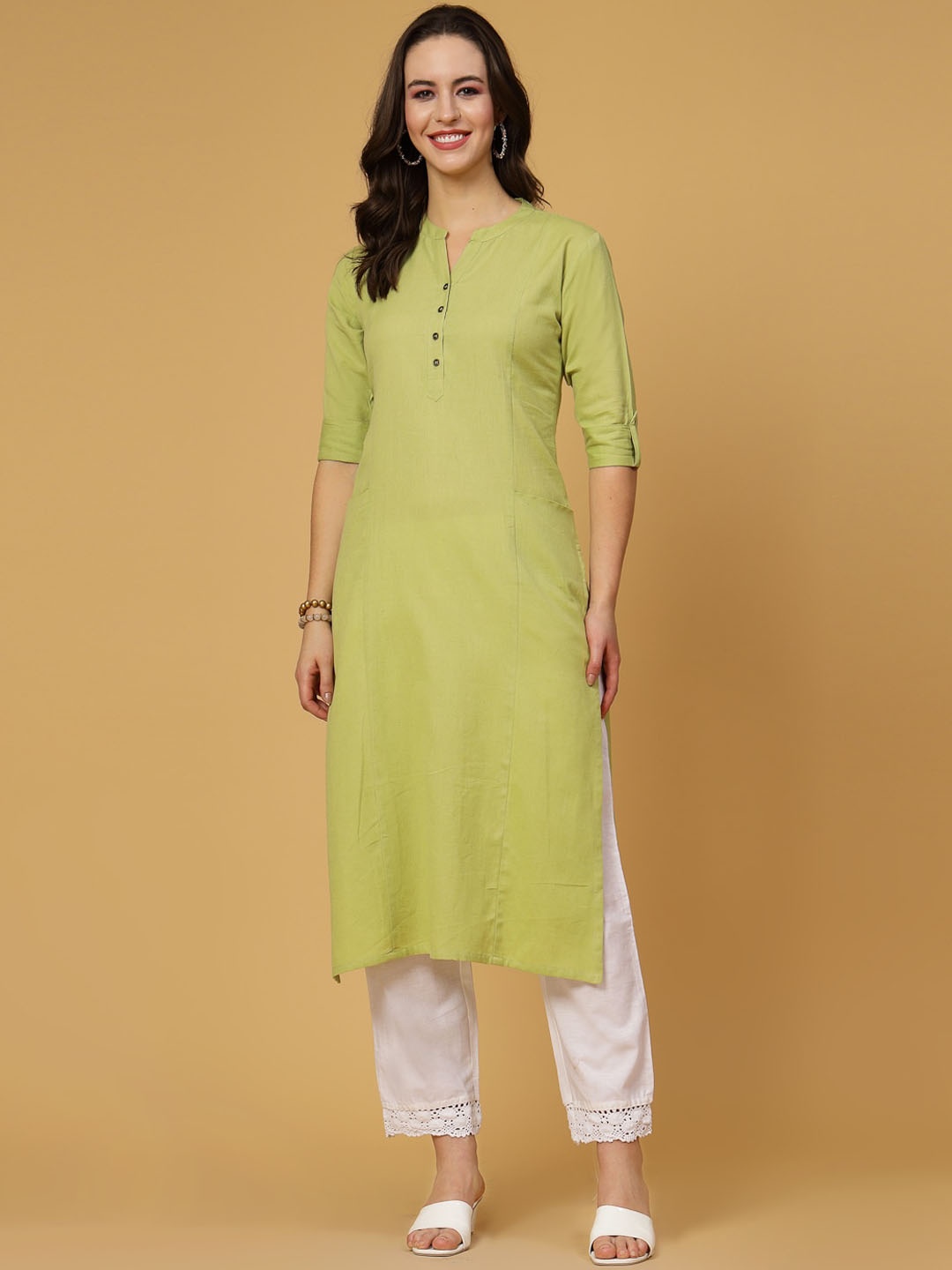 

Pistaa Mandarin Collar Pure Cotton Kurta, Green