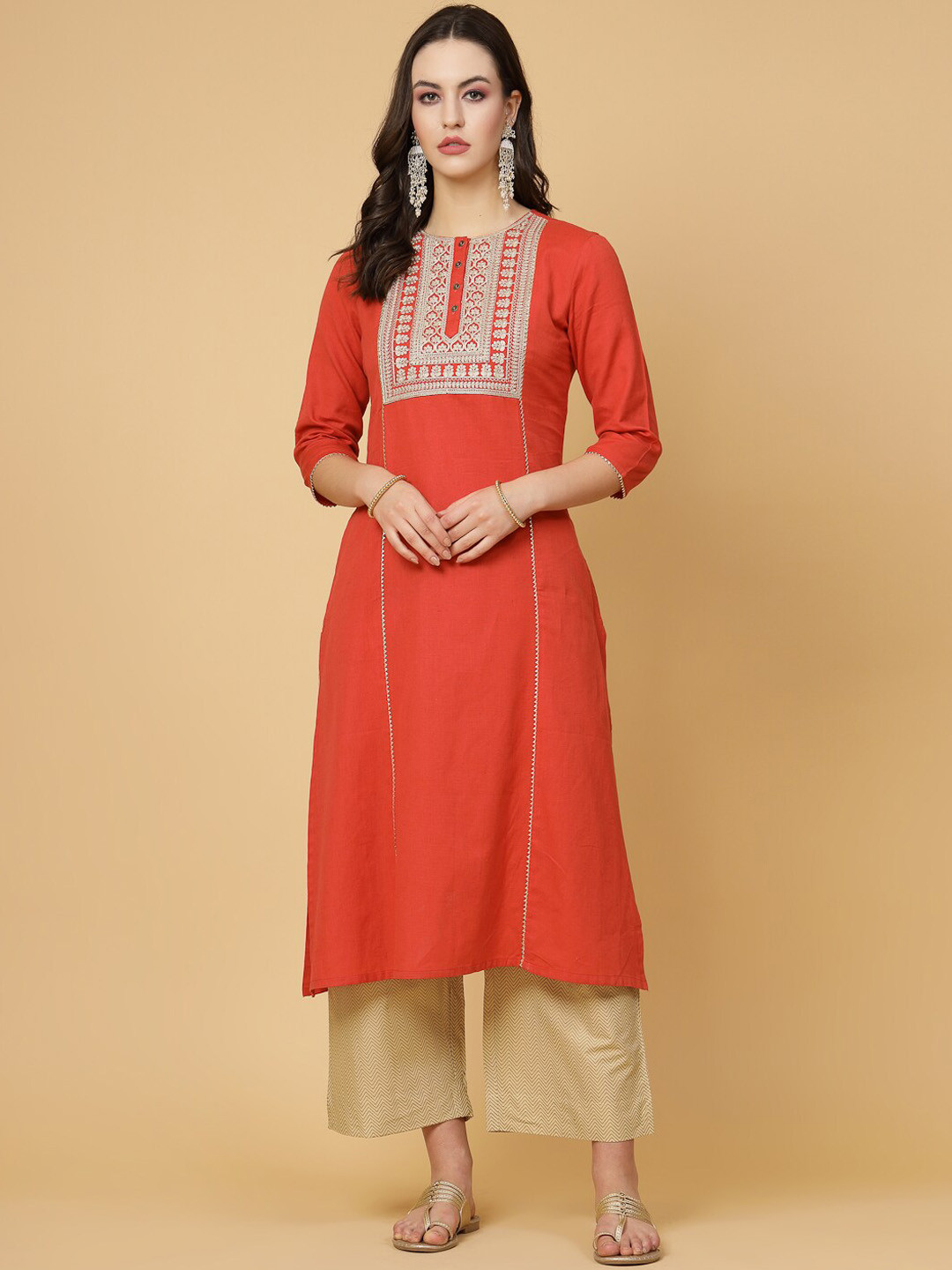 

Pistaa Ethnic Motifs Yoke Design Thread Work Pure Cotton Kurta, Coral