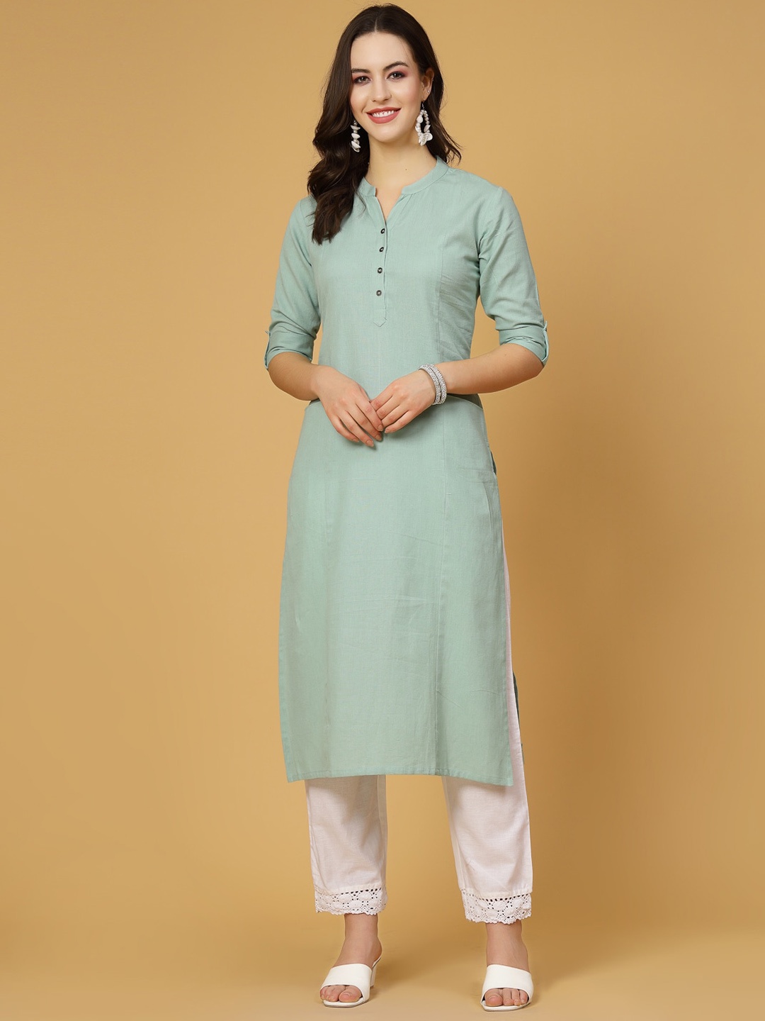 

Pistaa Mandarin Collar Pure Cotton Kurta, Green