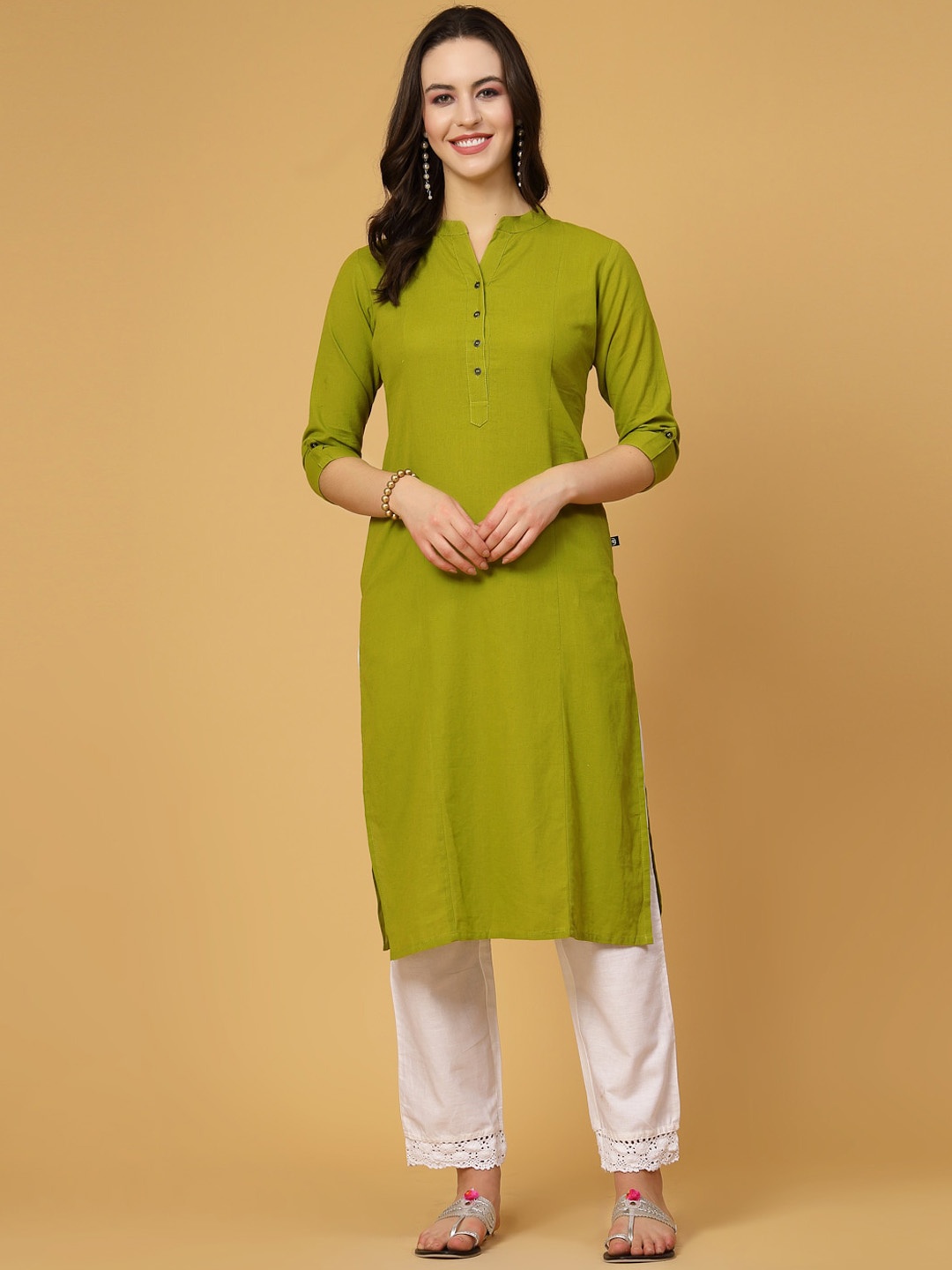 

Pistaa Mandarin Collar Pure Cotton Kurta, Green