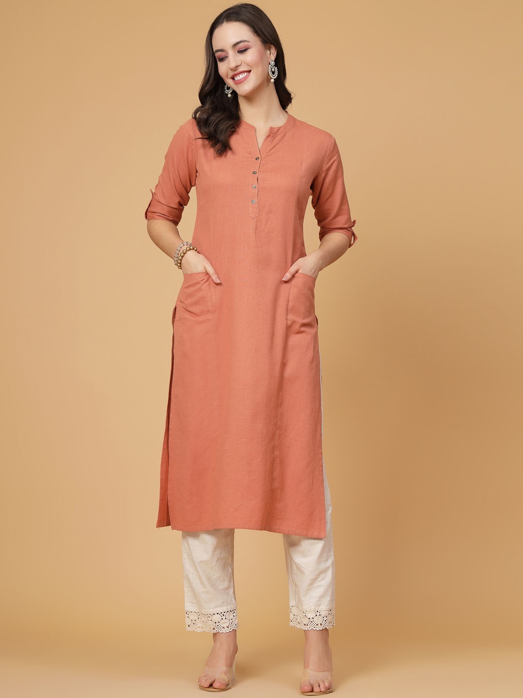 

Pistaa Mandarin Collar Pure Cotton Kurta, Rust