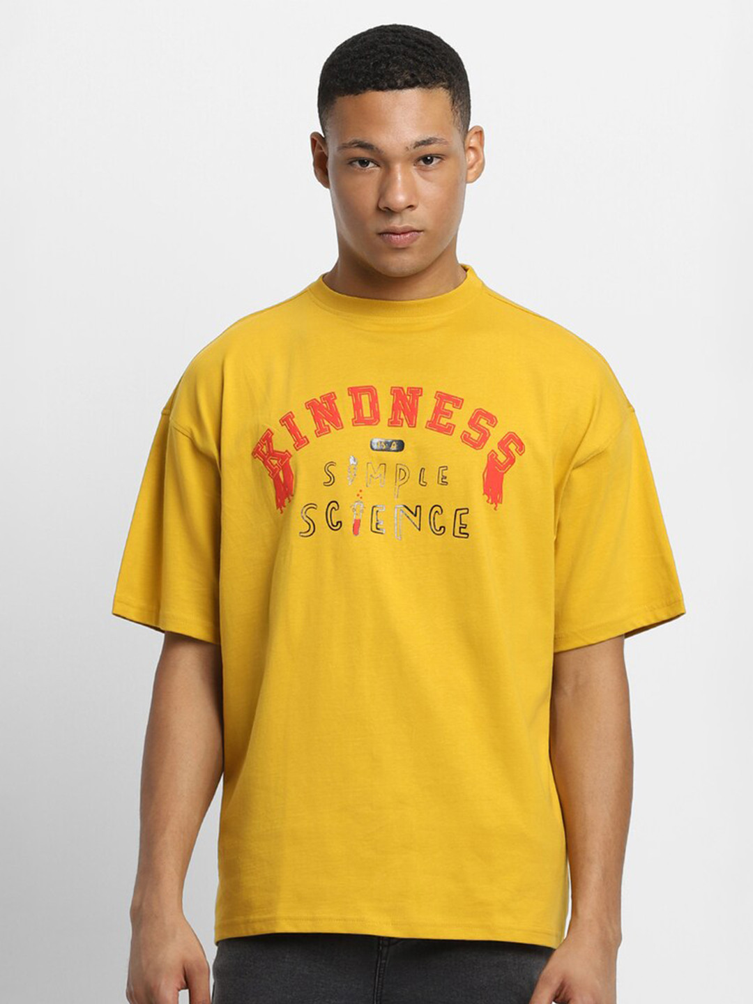 

FOREVER 21 Typography Printed Round Neck Pure Cotton T-shirt, Yellow