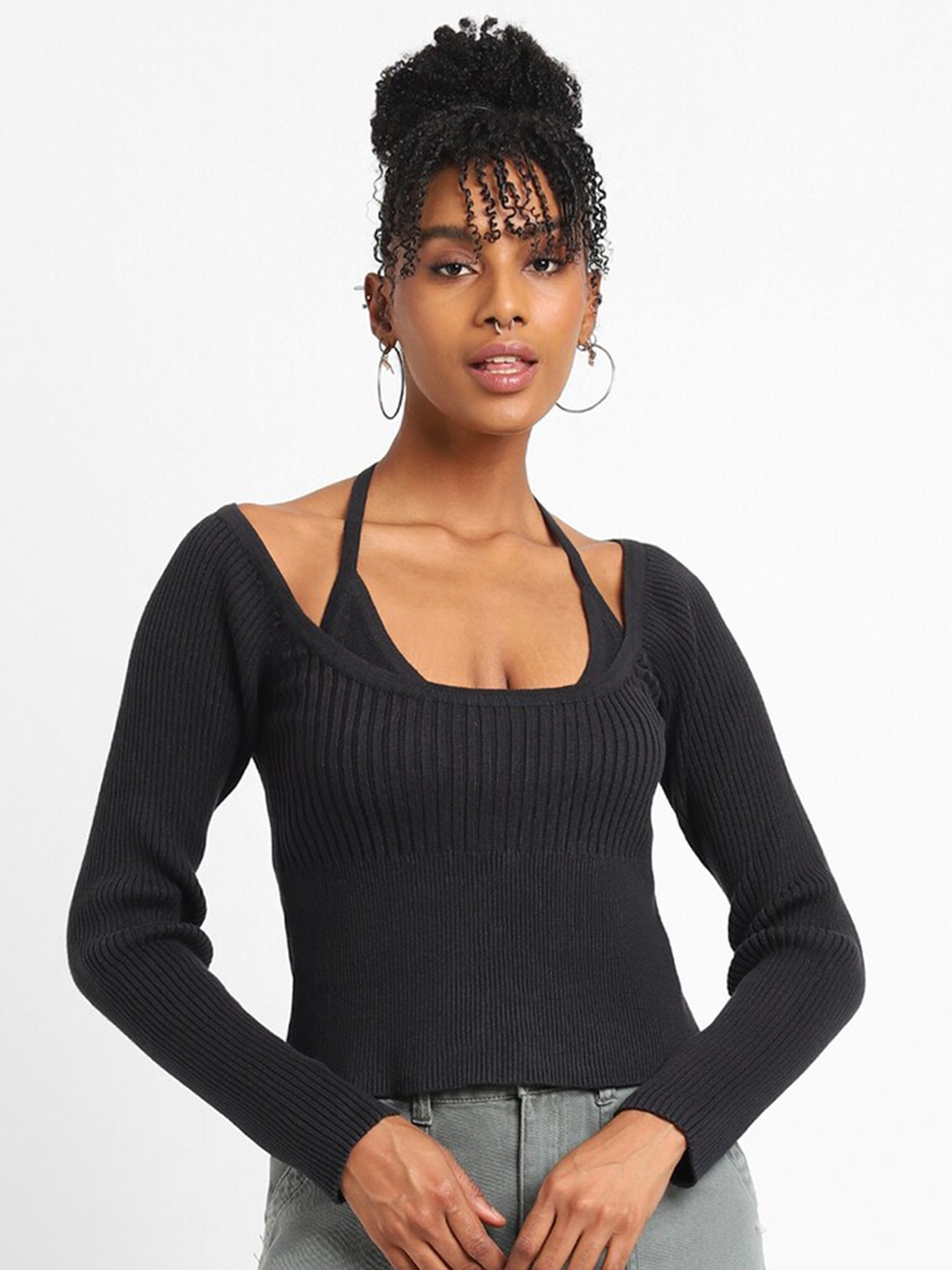 

FOREVER 21 Black Ribbed Long Sleeves Pure Cotton Top
