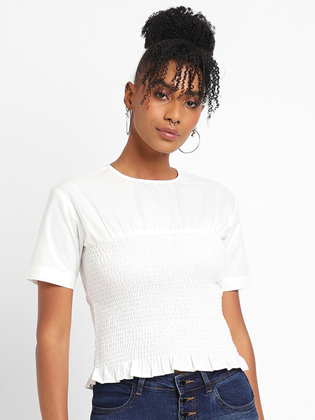 

FOREVER 21 White Round Neck Smocked Pure Cotton Crop Top