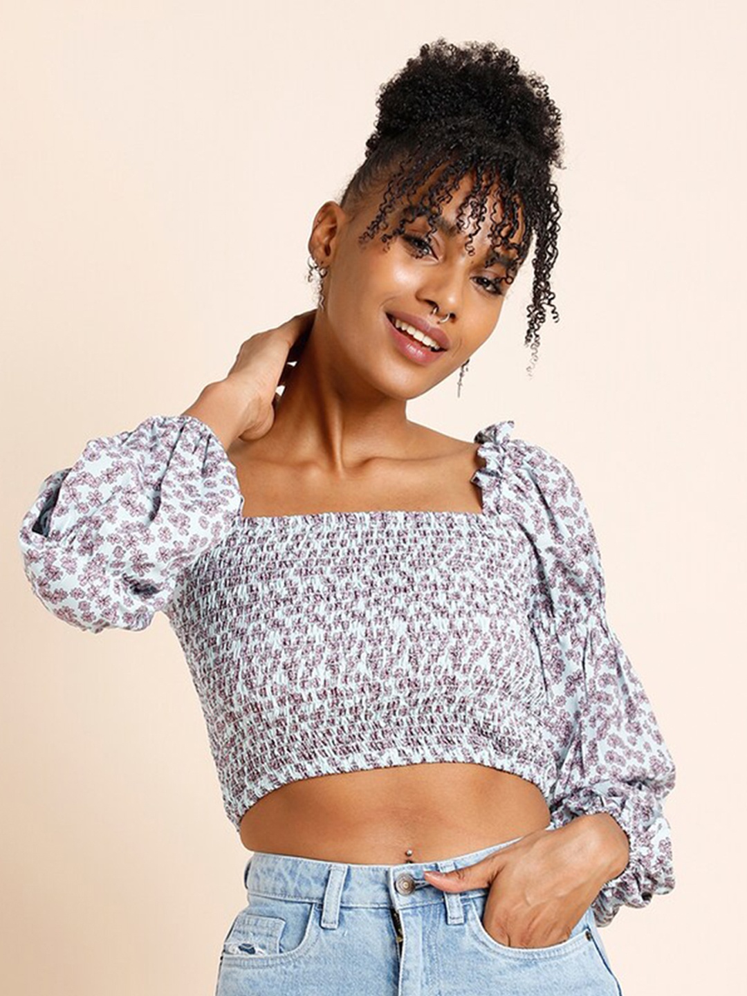 

FOREVER 21 Blue Floral Printed Puff Sleeves Smocked Detailed Crop Top