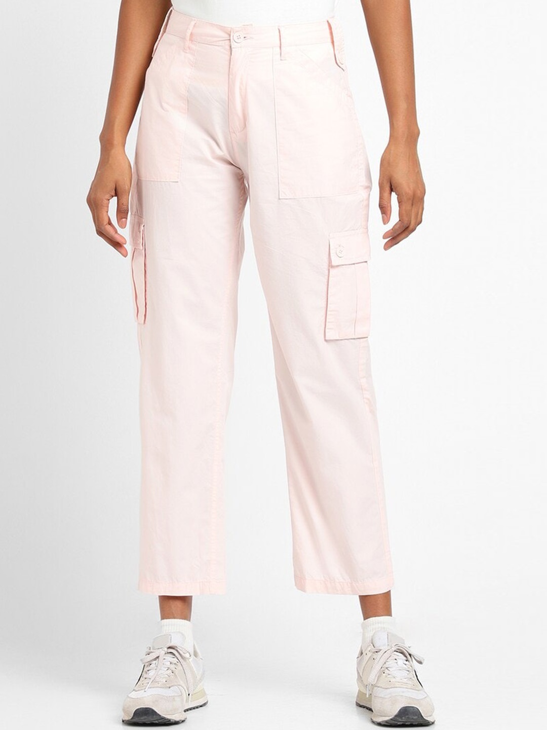 

FOREVER 21 Women Smart Cotton Mid-Rise Cargos Trousers, Pink