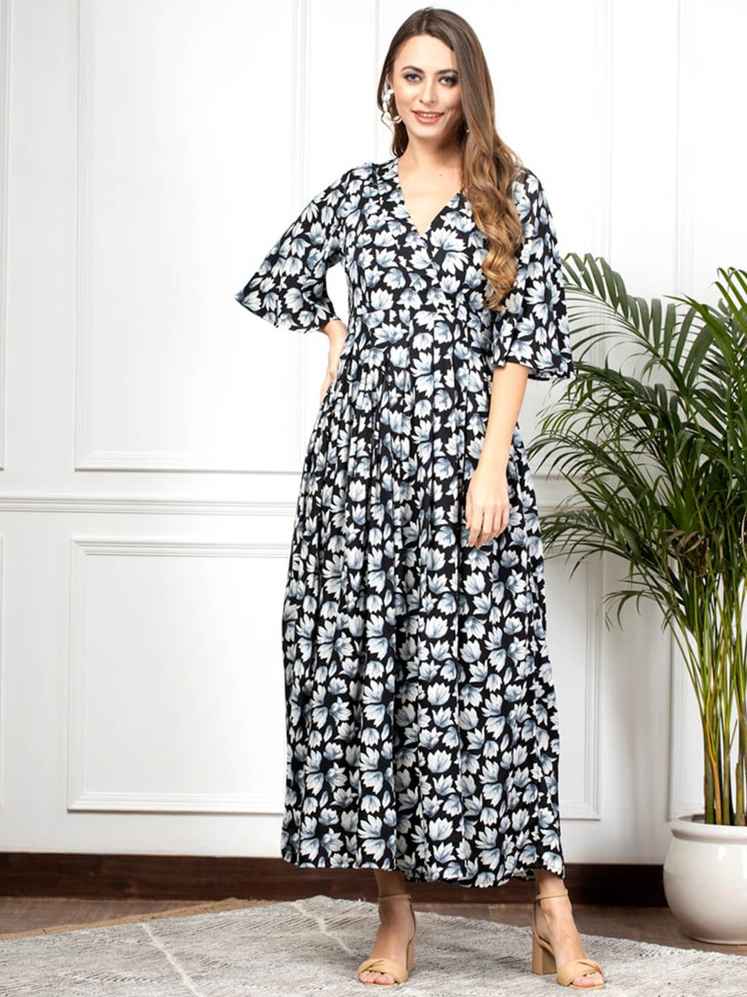 

enzeo Floral Printed Wrap Maxi Ethnic Dress, Black