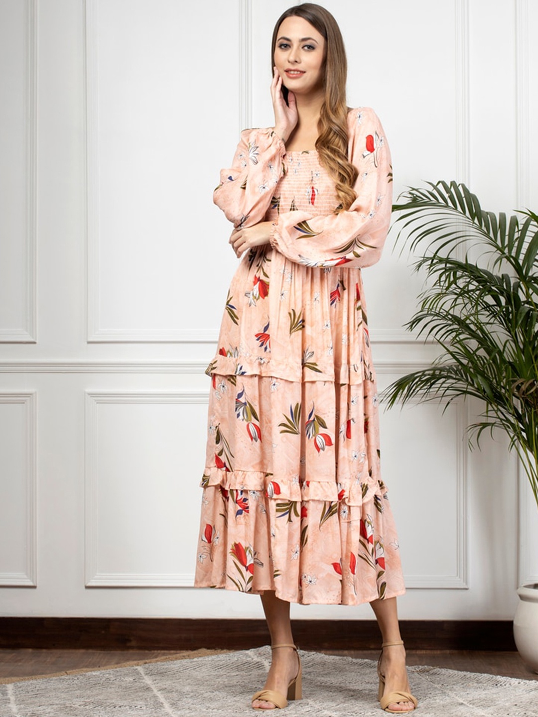 

enzeo Floral Printed Smocked Puff Sleeves Tiered Midi Fit & Flare Dress, Peach