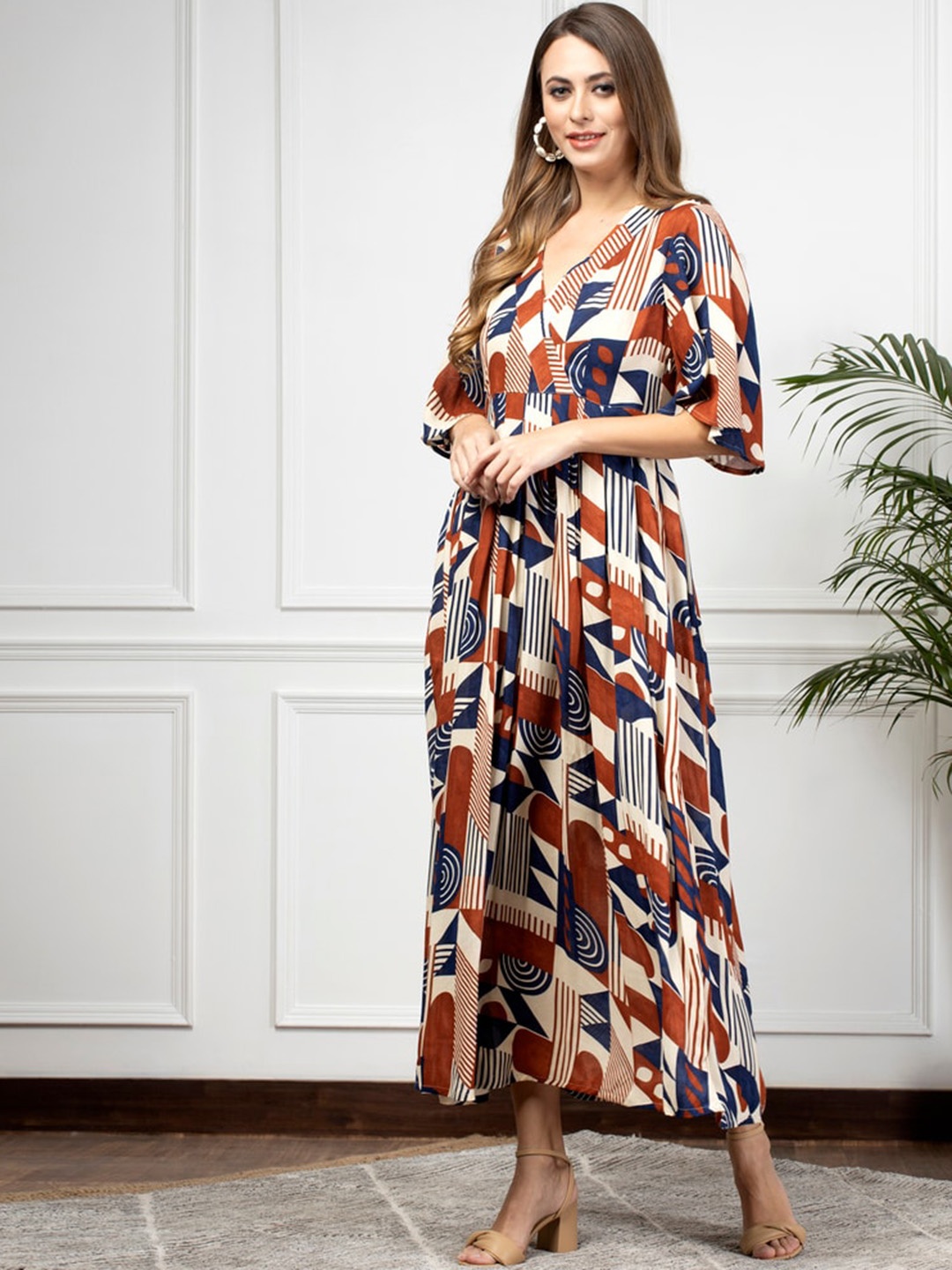 

enzeo Geometrical Printed Wrap Maxi Ethnic Dress, Brown