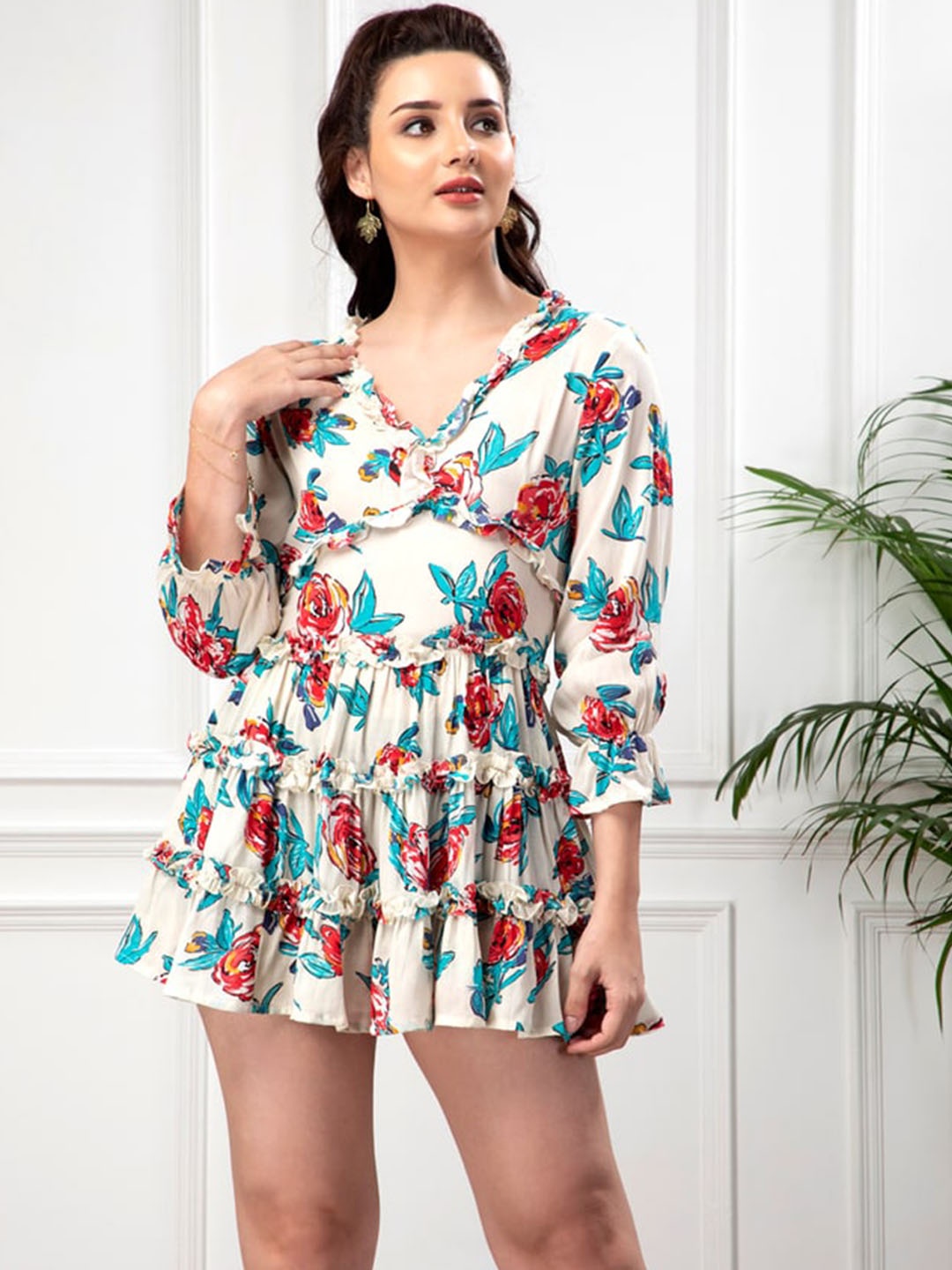 

enzeo Printed Ruffle Mini Ethnic Dress, Cream