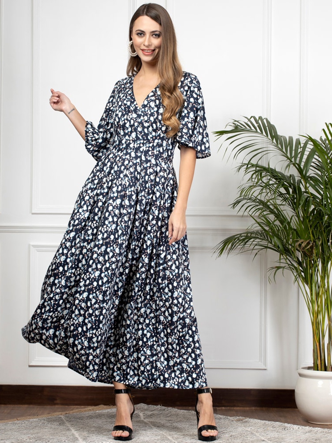 

enzeo Floral Printed Wrap Maxi Ethnic Dress, Blue