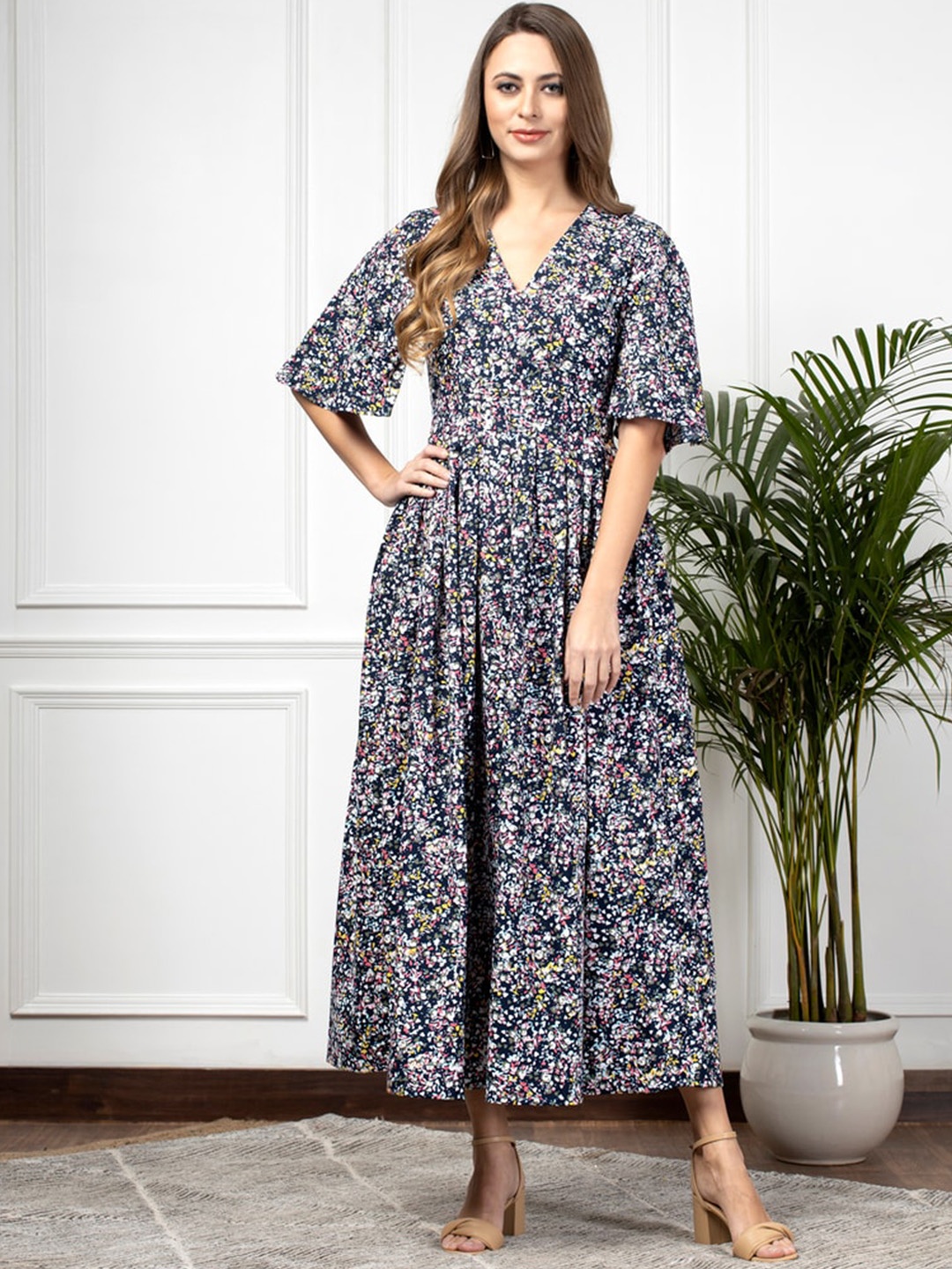 

enzeo Floral Printed Wrap Ethnic Dress, Navy blue