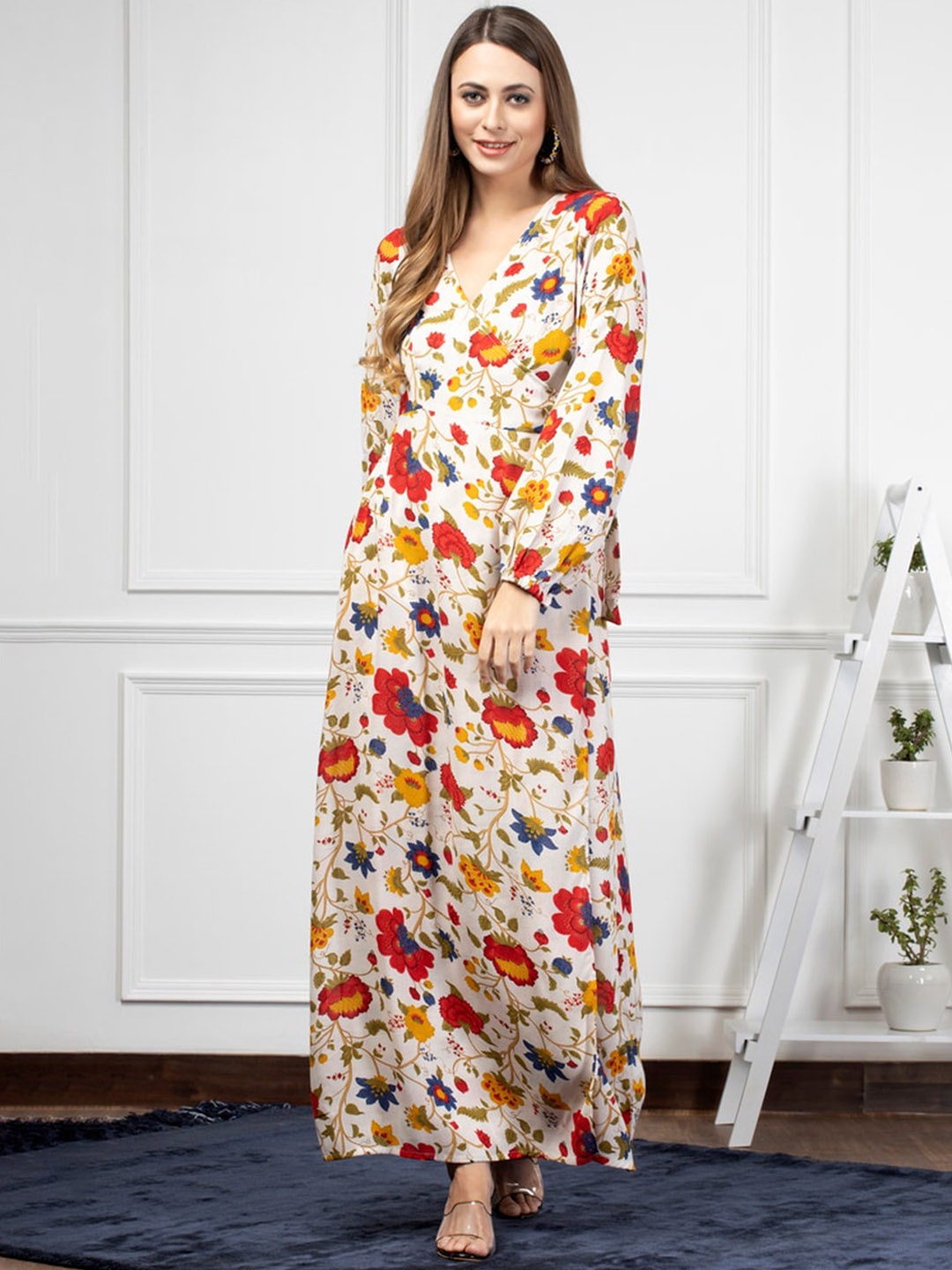 

enzeo Floral Printed Flared Ethnic Dress, White