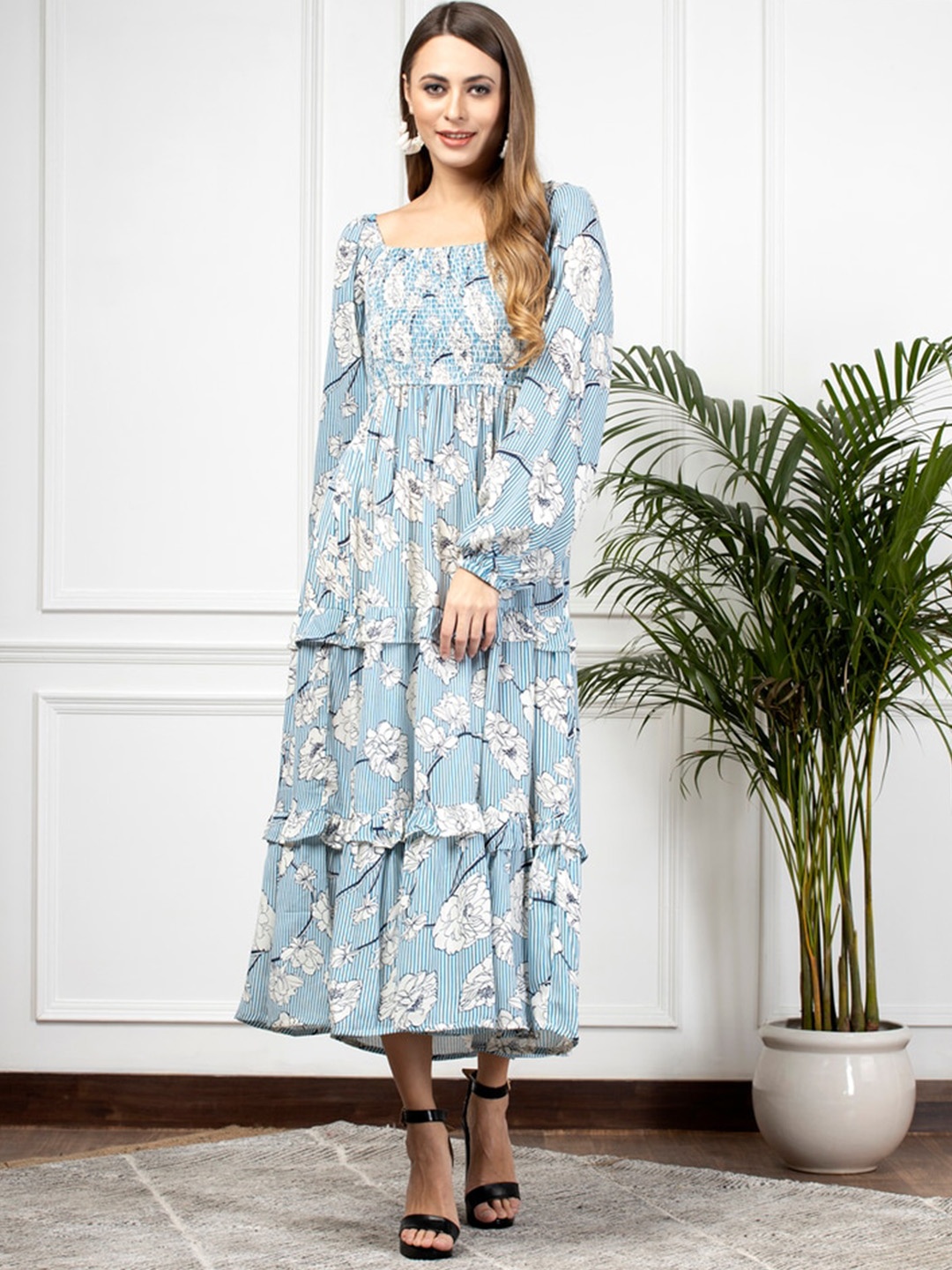 

enzeo Floral Printed Smocked Puff Sleeves Tiered Midi Fit & Flare Dress, Blue