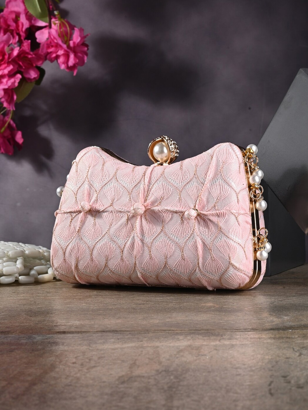 

Toobacraft Textured Embellished Box Clutch, Pink