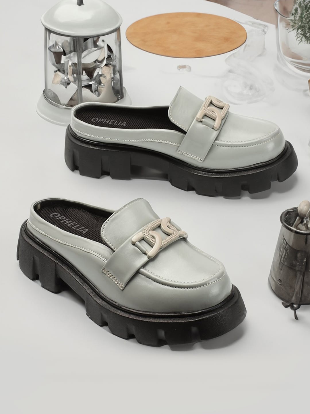 

OPHELIA Buckled Heeled Lightweight Horsebit Loafers, Grey