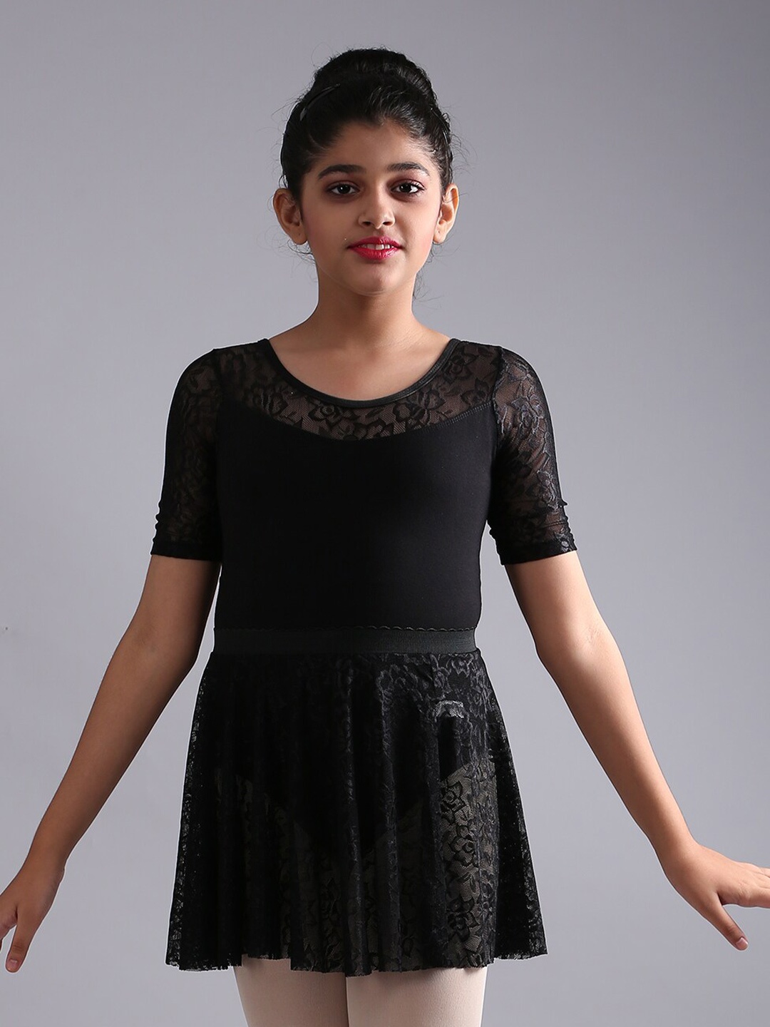 

The Dance Bible Girls Self Design Lace Ballet Dance Leotard with Skirt, Black