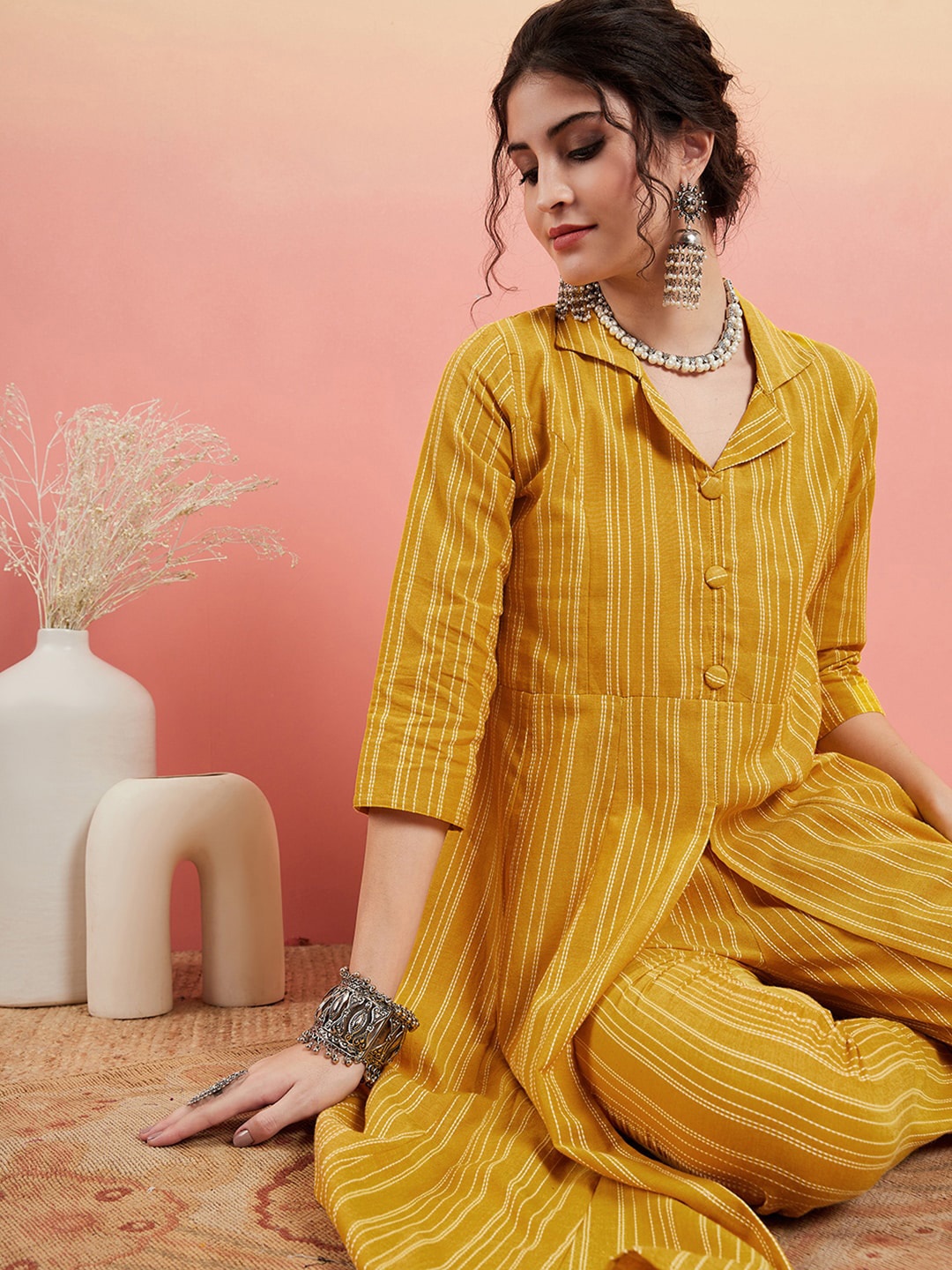 

Sangria Striped Pure Cotton A-line Kurta With Trousers, Mustard