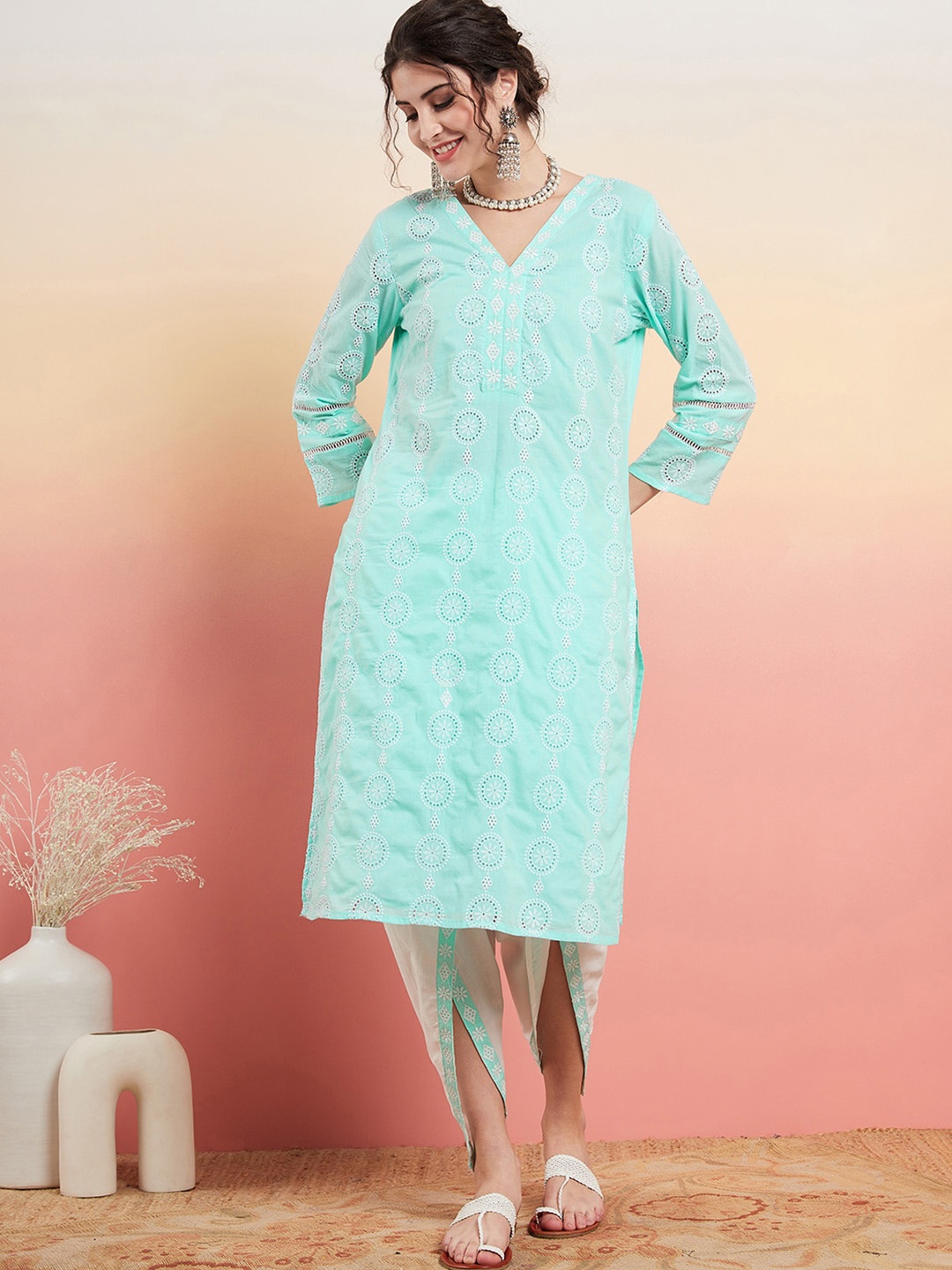 

Sangria Self Design V-Neck Thread Work Pure Cotton Kurta With Dhoti Pants, Turquoise blue