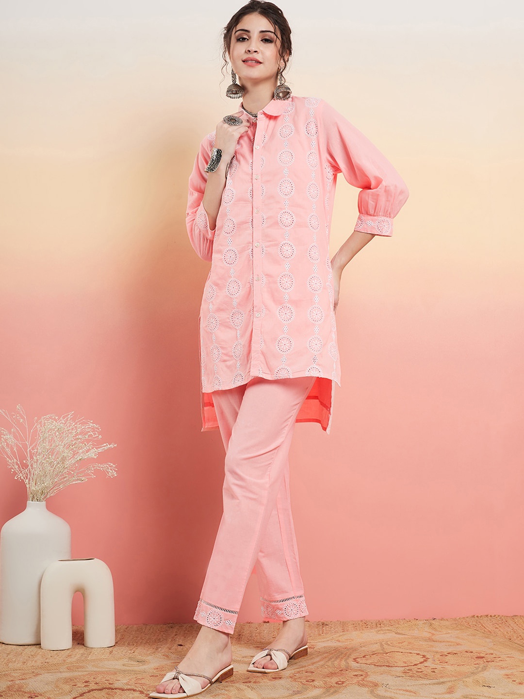 

Sangria Self Design Shirt Collar Puff Sleeves Pure Cotton Pathani Kurta With Trousers, Pink