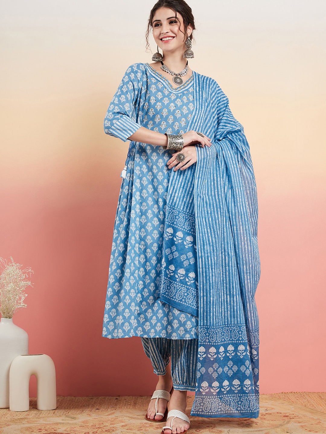 

Sangria Ethnic Motifs Printed Pure Cotton A-line Kurta With Trousers & Dupatta, Blue
