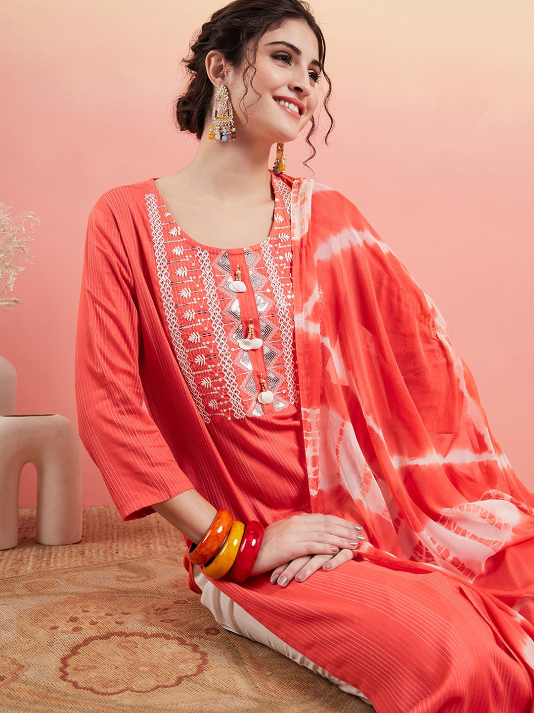 

Sangria Embroidered Round Neck Straight Sequinned Kurta Set With Dupatta, Orange