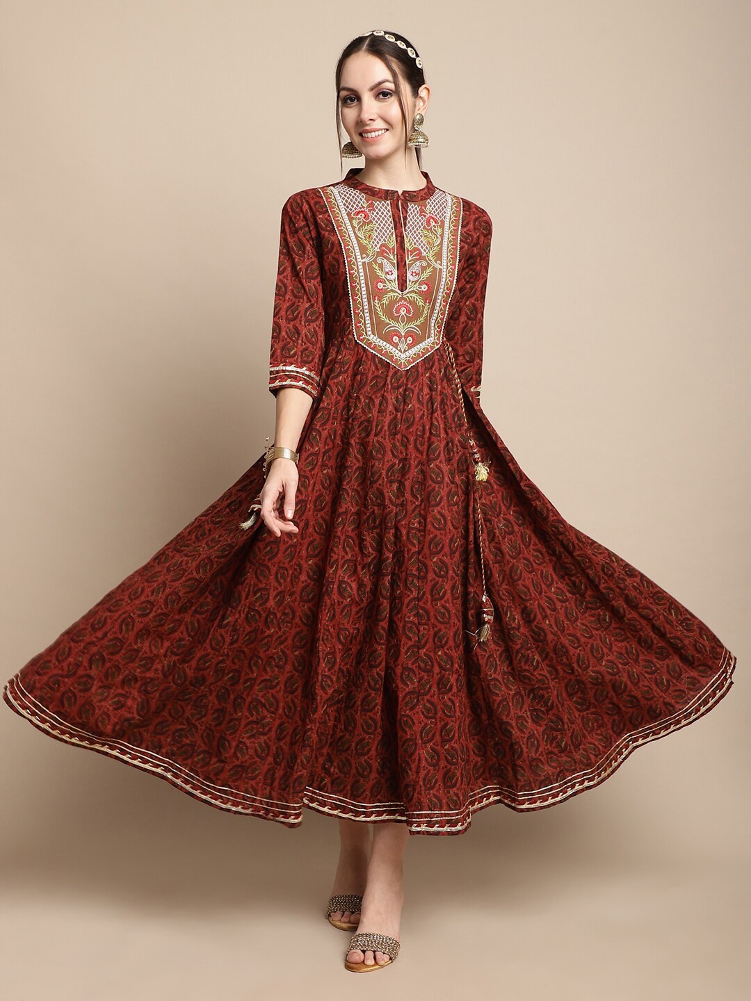 

KALINI Ethnic Motifs Printed Embroidered Detailed Mandarin Collar Ethnic Dress, Maroon