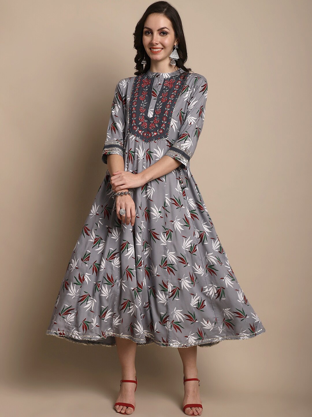 

KALINI Floral Printed Embroidered Detailed Mandarin Collar Ethnic Dress, Grey