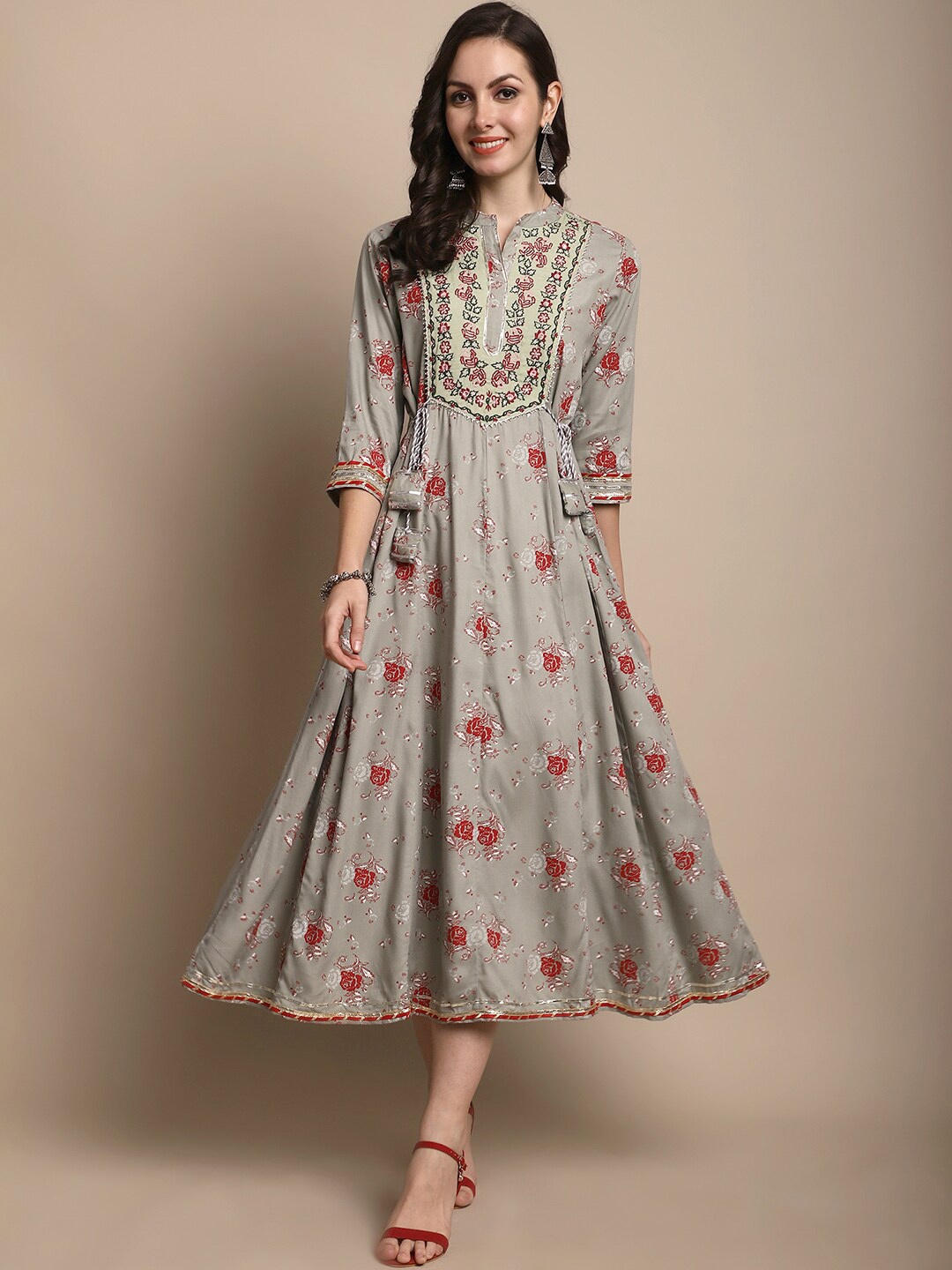 

KALINI Floral Printed Embroidered Detailed Mandarin Collar Ethnic Dress, Grey
