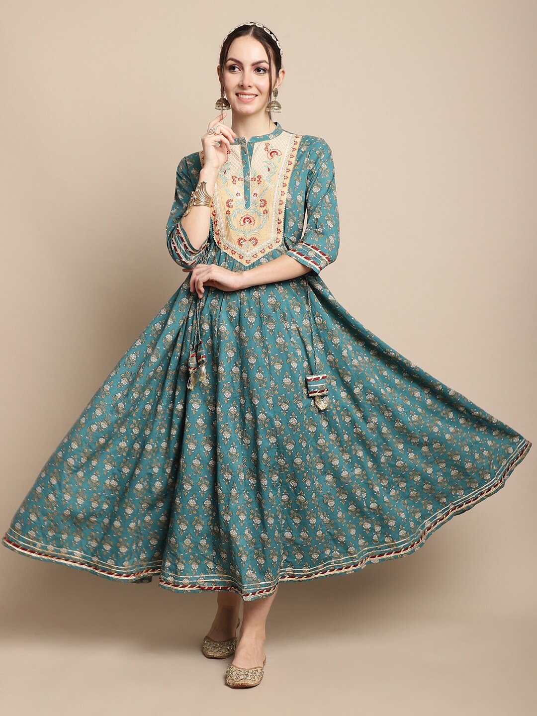 

KALINI Ethnic Motifs Printed Embroidered Detailed Mandarin Collar Cotton Ethnic Dress, Blue