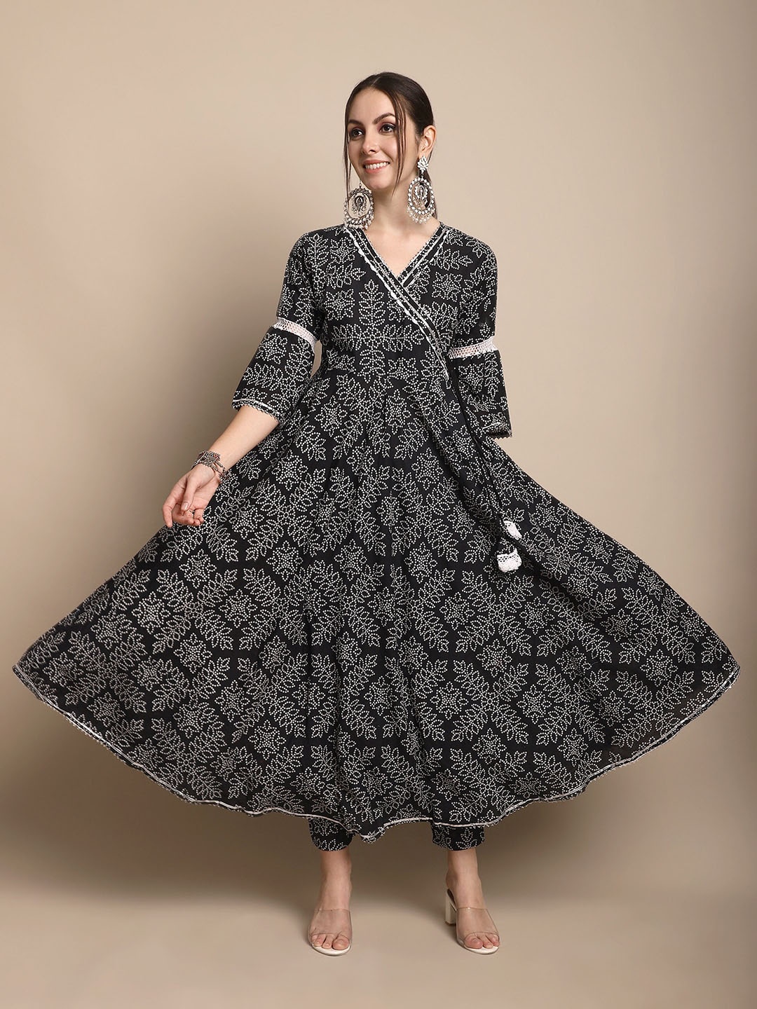 

Sangria Bandhani Printed Pure Cotton Gotta Patti Angrakha Anarkali Kurta With Trousers, Black