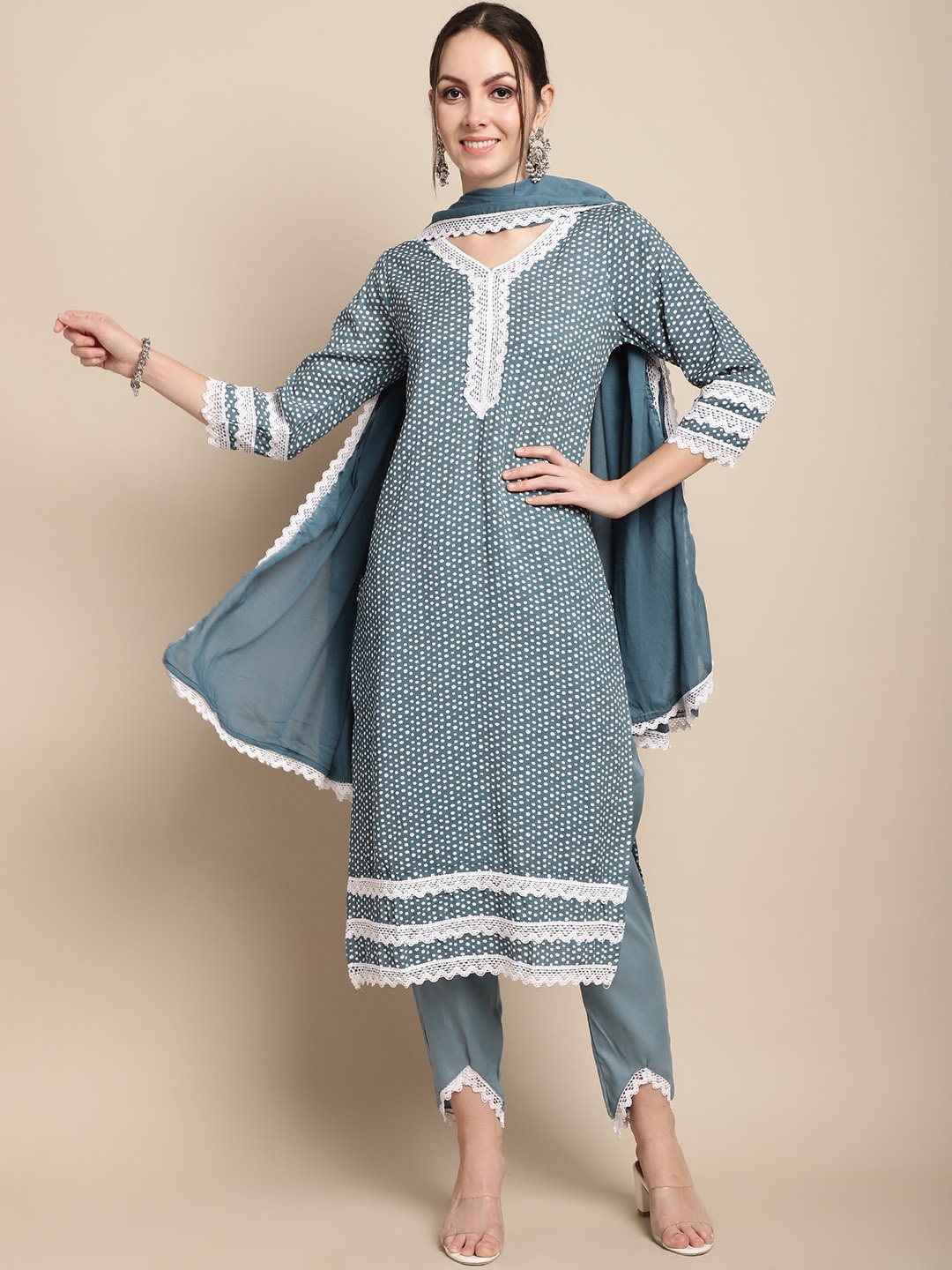 

Sangria Polka Dot Printed Lace Work Kurta With Trousers & Dupatta, Blue