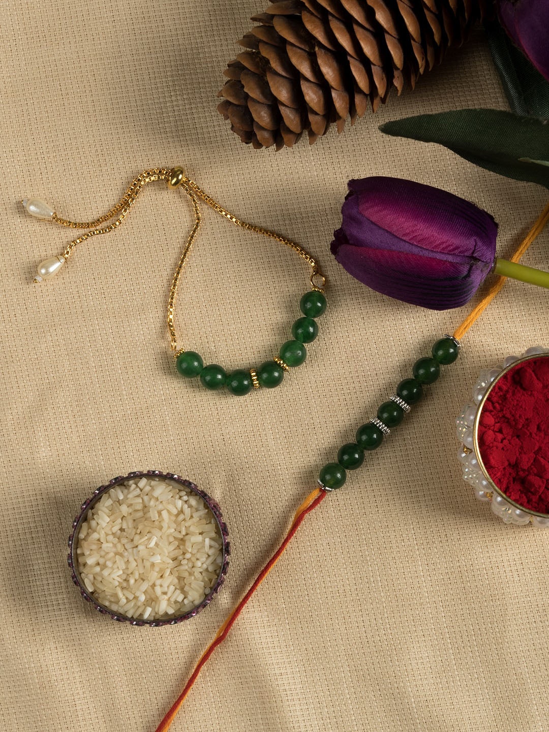 

SHOOLIN Set Of 2 Jade Gemstone Beaded & Studded Bhai-Bhabhi Rakhis, Green