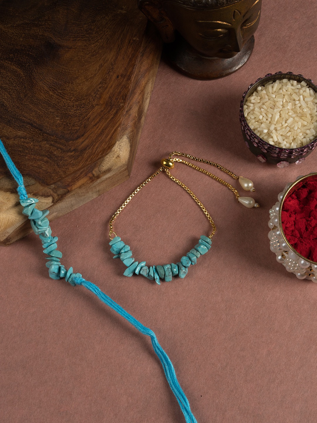 

SHOOLIN Set Of 2 Gemstone Beaded Bhai-Bhabhi Rakhi, Turquoise blue