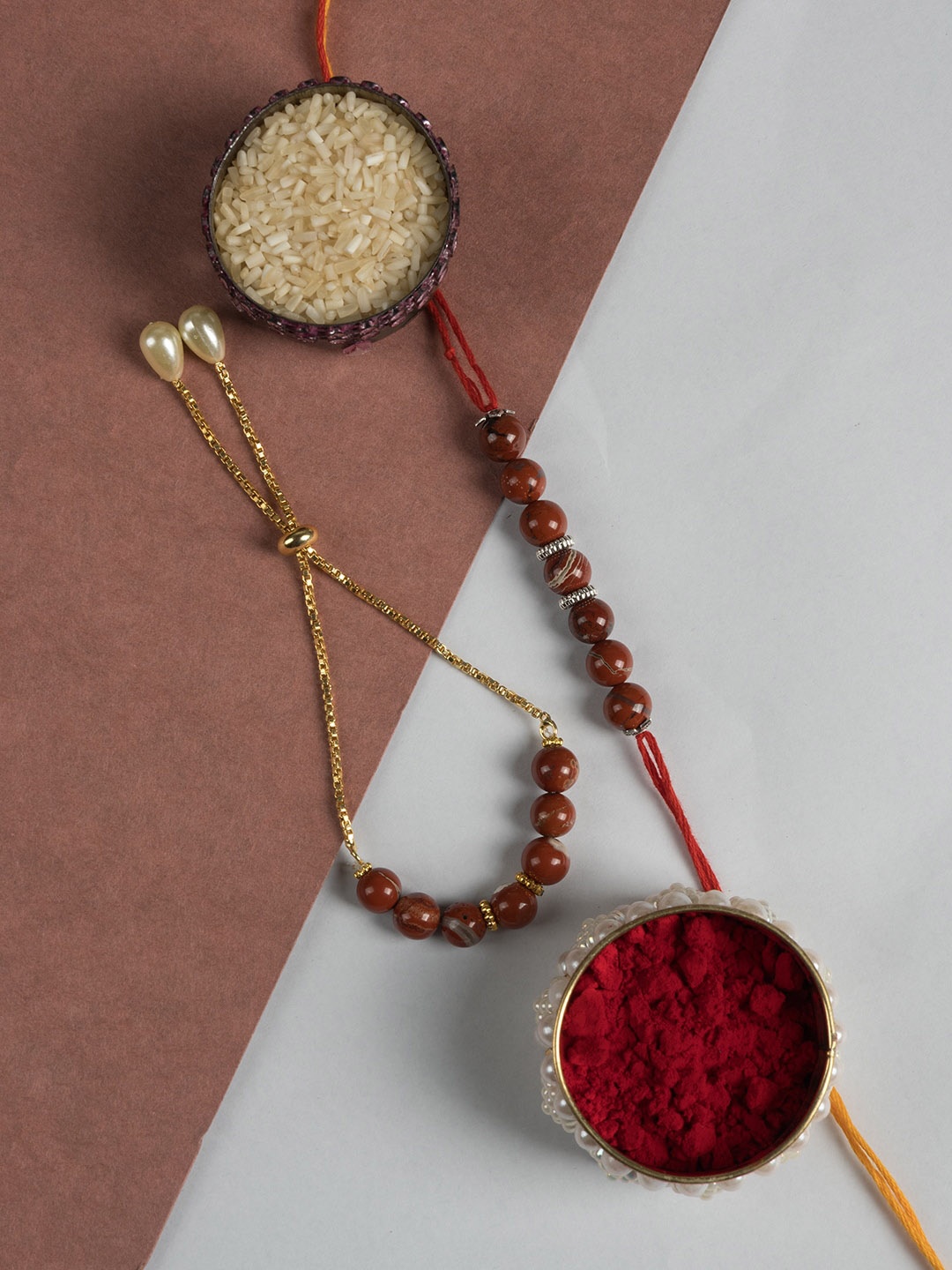 

SHOOLIN Unisex Set Of 2 Red Jasper Gemstone Beaded Rakhi, Gold