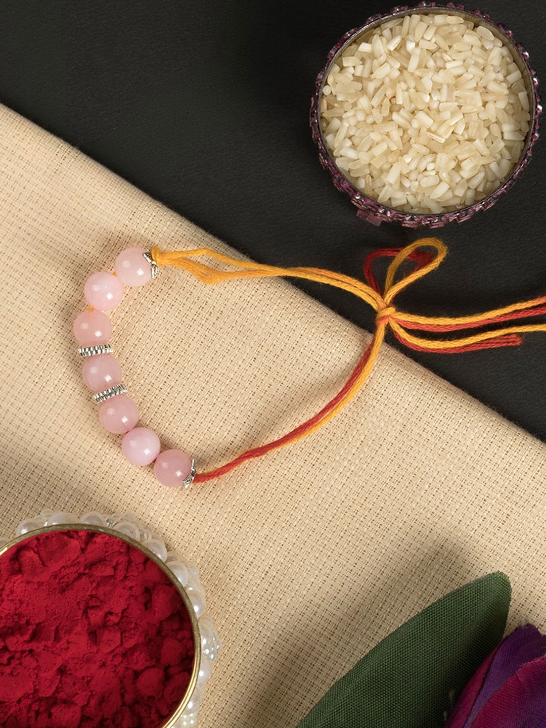 

SHOOLIN Men Rose Quartz Gemstone Beads Rakhi, Pink