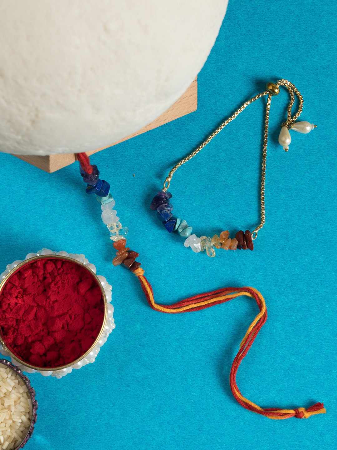 

SHOOLIN Unisex Set Of 2 Seven Chakra Gemstone Detail Rakhis, Gold