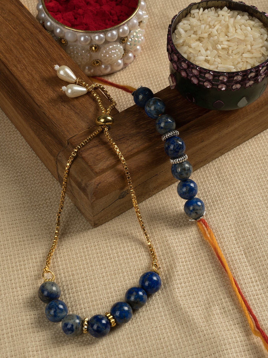 

SHOOLIN Unisex Set Of 2 Lapiz Lazuli Gemstone Beaded Rakhi, Gold
