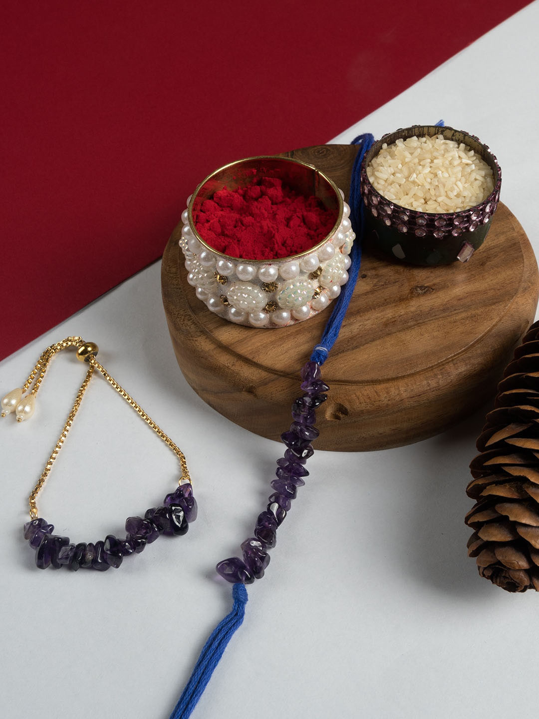 

SHOOLIN Set Of 2 Beads-Studded Bhai-Bhabhi Rakhi With Roli Chawal & Greeting Card, Blue